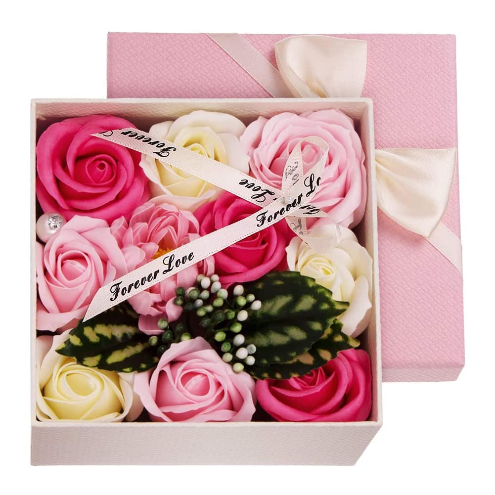 Artificial Scented Soap Rose Flower Gift Box - Pink Bath & Body Decor with Rose Petal Fragrance | Valentine's Day Present, Wedding Shower Gift, Home Spa Decoration