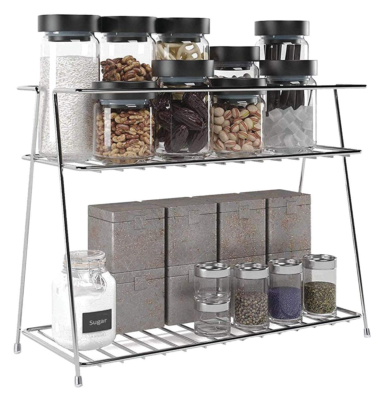 CR18 COLLLECTION 2-Tier Stainless Steel Kitchen Rack, Countertop Organizer, 40L x 8W x 4H Corner Storage Rack for Spices, Utensils, and Small Appliances (Silver, 1 Pc)