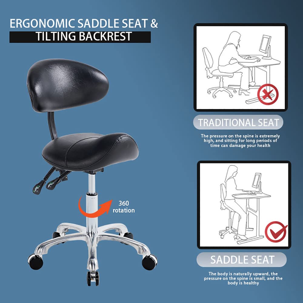Ergonomic Rolling Saddle Stool with Back Support - Adjustable Salon Stool for Tattoo Artists, Estheticians, Dentists & Spa Professionals (Black) - Perfect for Facial Treatments, Lash Extensions & Clinic Use