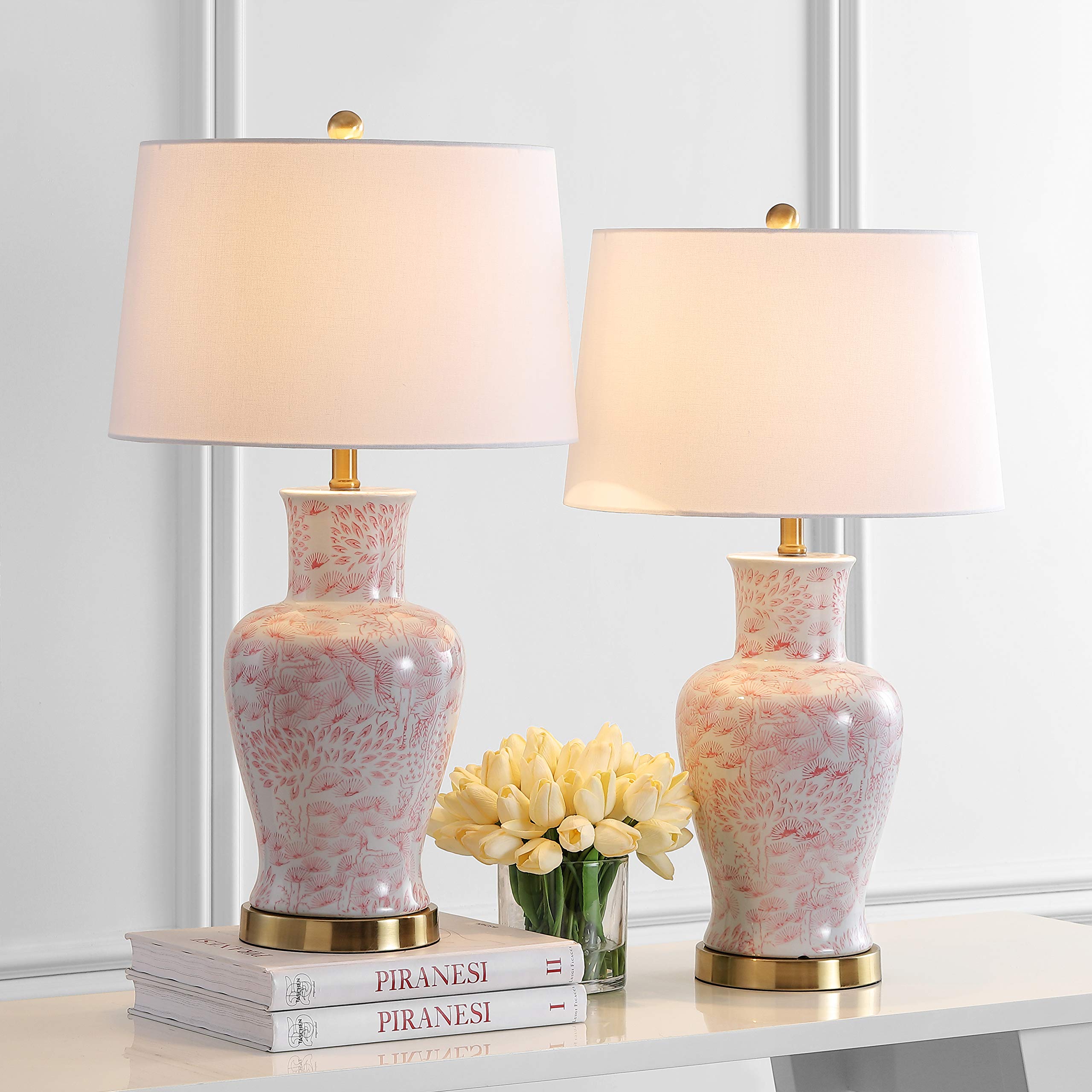 SAFAVIEH Lighting Collection Calli Pink & White Chinoiserie 28-Inch Table Lamp Set of 2 with LED Bulbs - Elegant Bedroom, Living Room, Home Office & Nightstand Lighting for Cozy Ambiance