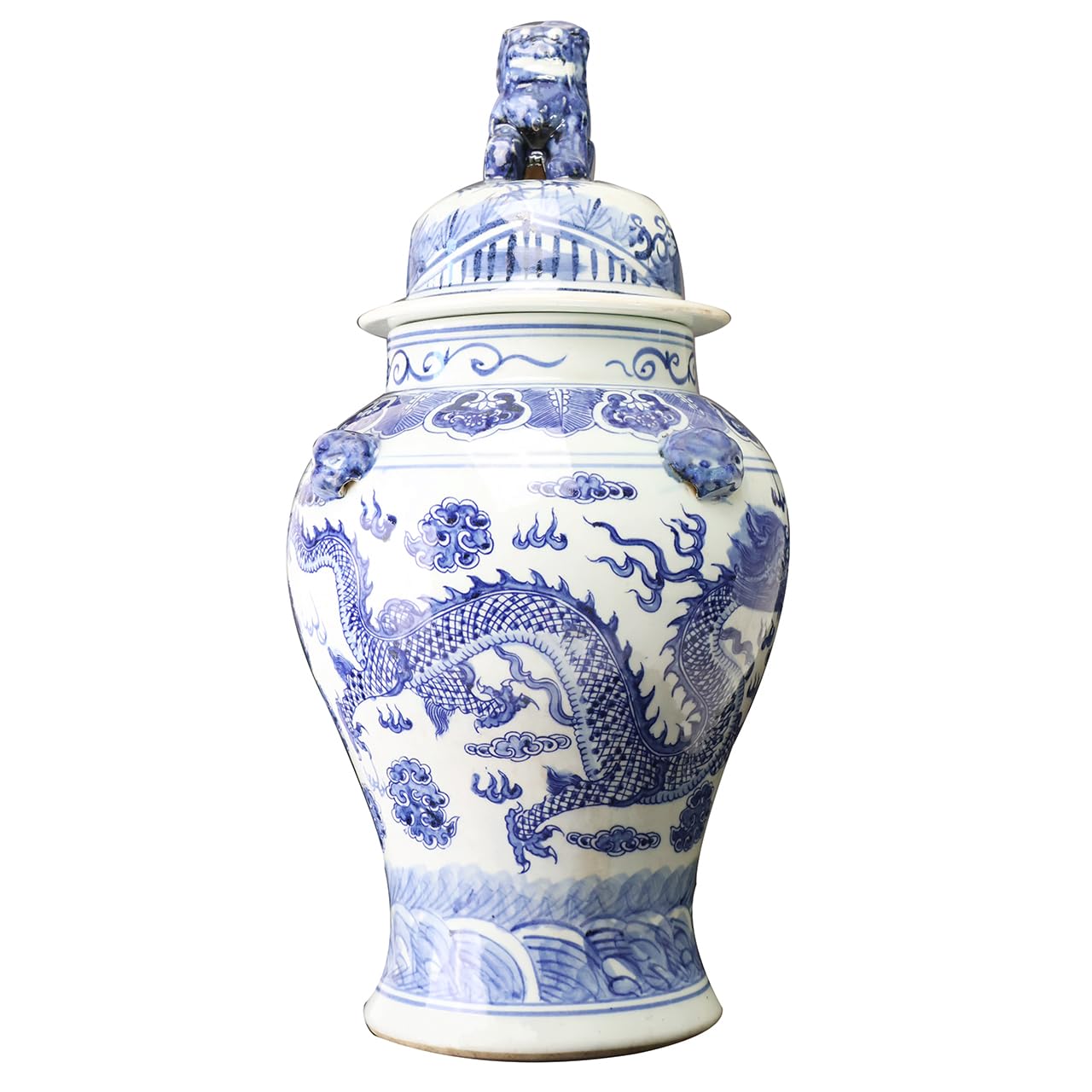 Hand-Painted Blue and White Chinese Porcelain Dragon Temple Jar - 24 Inch Tall Jingdezhen Ceramic Vase for Home Decor, Asian-Inspired Living Room Centerpiece & Luxury Gift