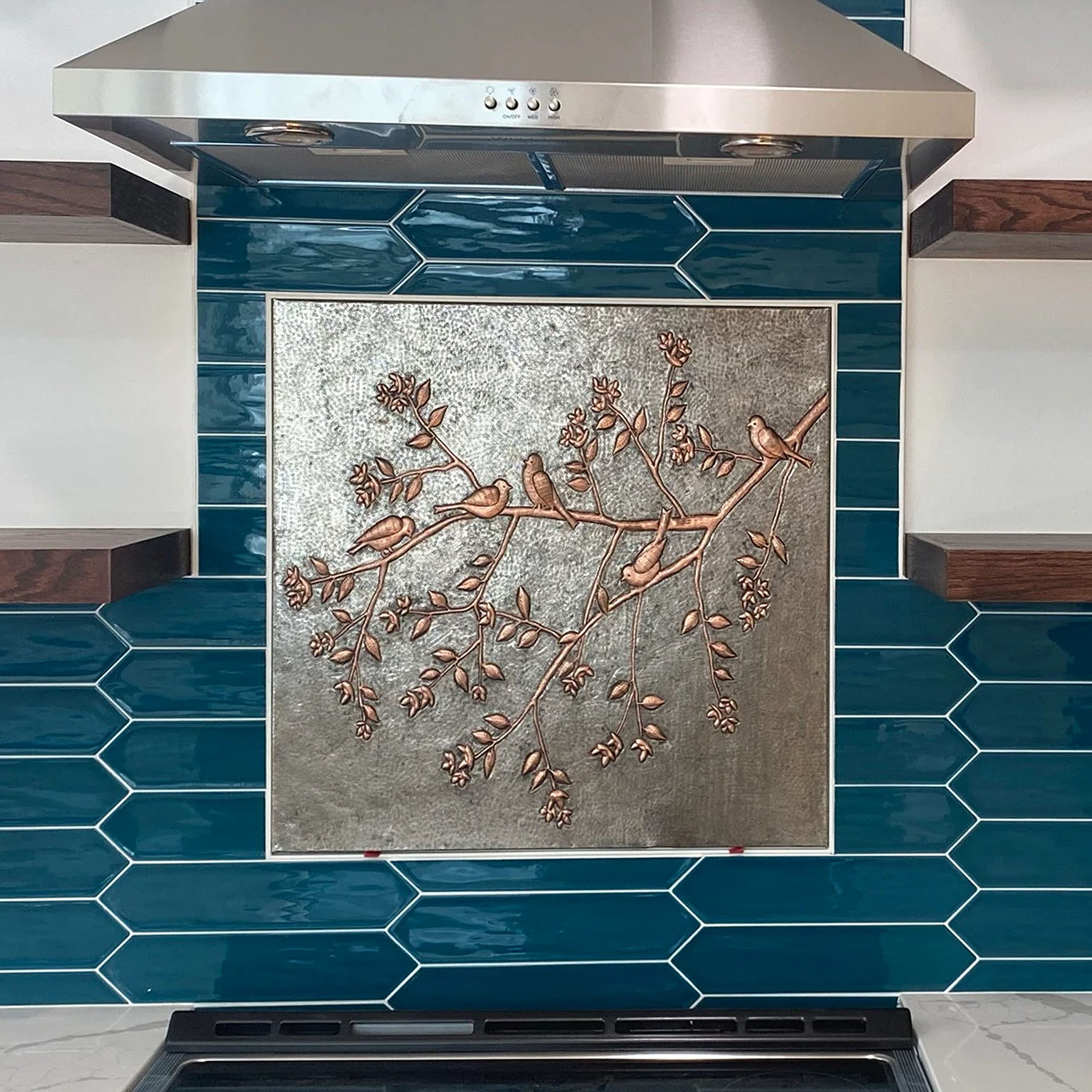 Custom Handmade Copper Backsplash Tile - Birds on Tree Branches Design, Gray & Copper Kitchen Backsplash Panel for Indoor & Outdoor Wall Decor | Perfect for Modern Kitchens, Bathrooms, and Patio Accents