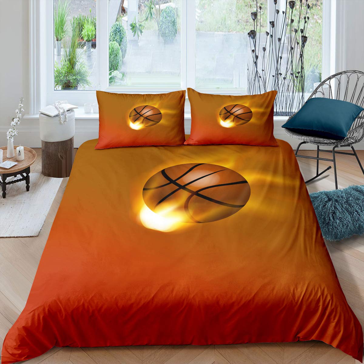 Basketball Printed Twin Comforter Cover Set - Orange Microfiber Duvet Cover & Pillowcase for Boys & Girls | Ball Sports Themed Bedding Collection | Perfect for Kids' Rooms, Dorm Decor & Sports Fans