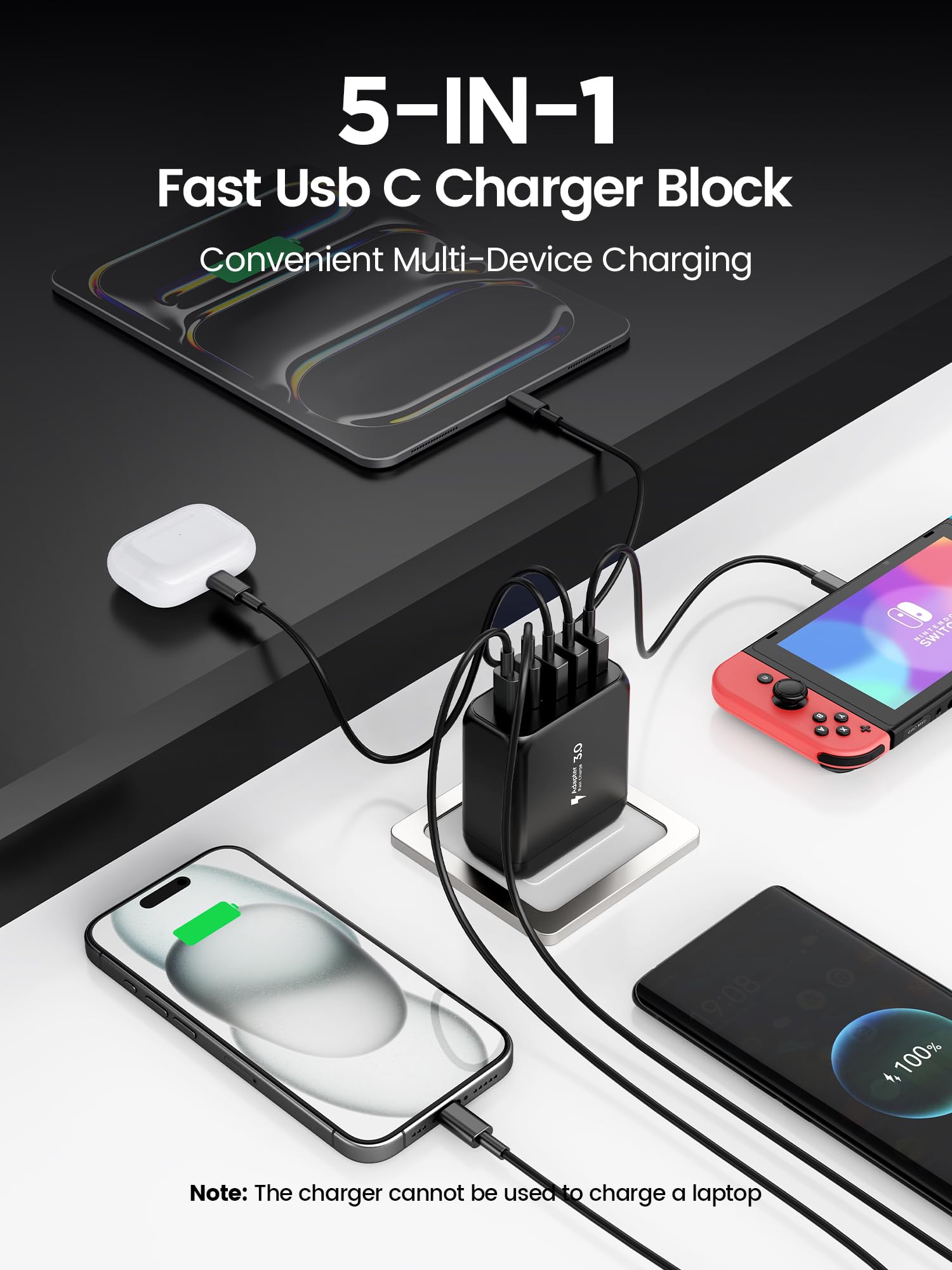 50W 5-Port USB C Fast Charger Block [2-Pack] - PD 3.0 Wall Charger for iPhone 16/15/14/13/12/11 Pro Max/XS, iPad, Samsung Galaxy - Compact Cube Design for Home, Office & Travel - Black