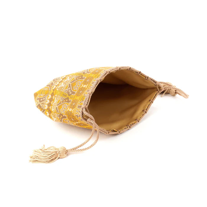 Nishijin Ori Small Drawstring Bag - Cock & Golden Brown - Handmade in Kyoto Japan - Traditional Japanese Craft Purse - Perfect for Coins, Jewelry & Gift Giving