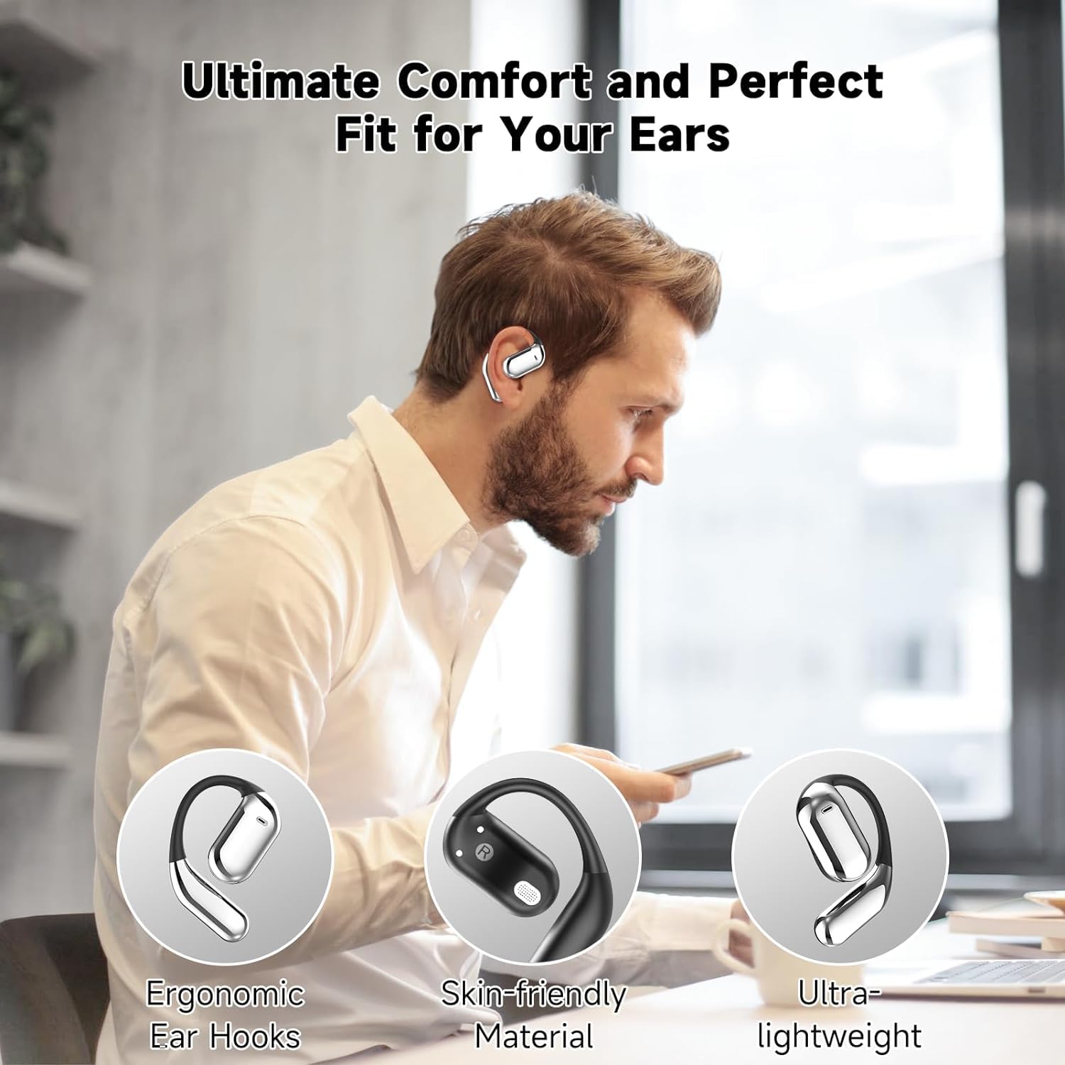 Open Ear Bone Conduction Bluetooth 5.4 Wireless Headphones with Built-in Mic, IPX7 Waterproof Sport Earbuds with Comfort Ear Hooks & LED Display Charging Case - Perfect for Running, Gym Workouts, Cycling and Outdoor Activities