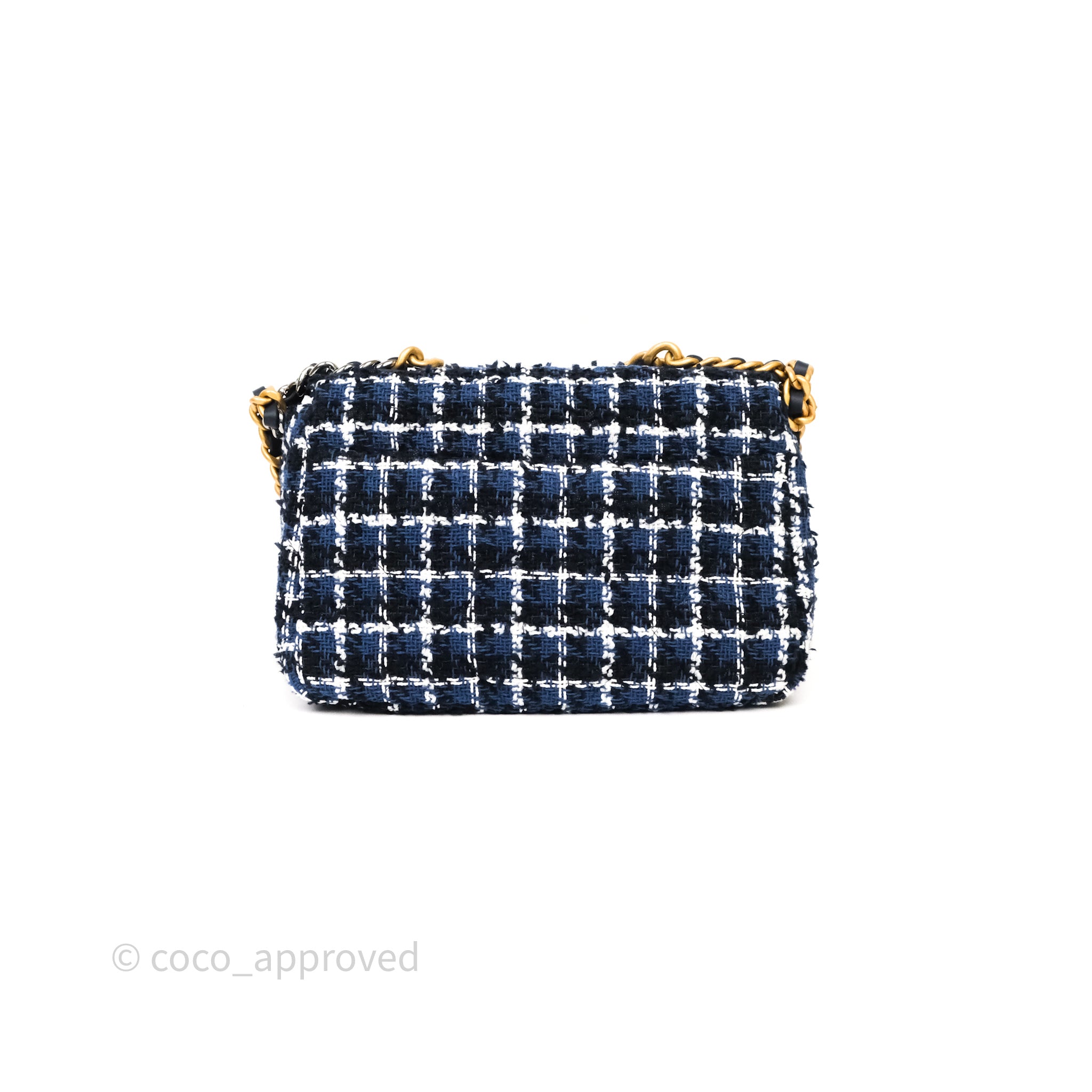 Chanel 19 Small Handbag in Blue, White & Black Grid Tweed with Mixed Hardware - Perfect for Work, Travel & Evening Events