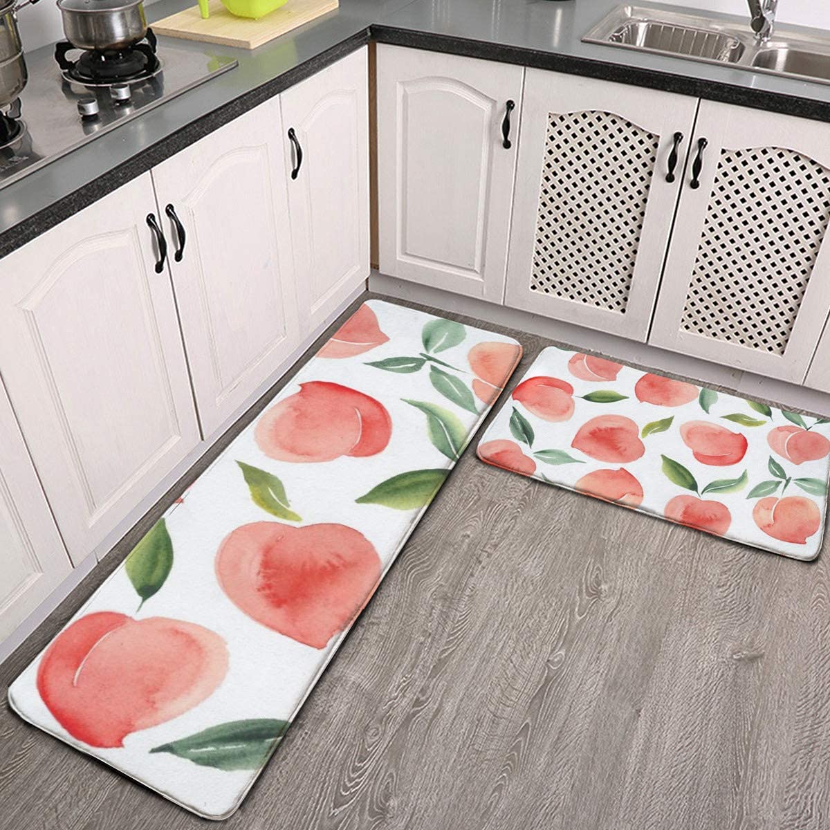 2 Pcs Non-Slip Kitchen Rug Set - Soft Flannel Washable Mats for Floor, Durable Anti-Skid Runner Rugs for Kitchen, Bathroom, Entryway (White, One Size) - Perfect for High Traffic Areas & Pet-Friendly Homes