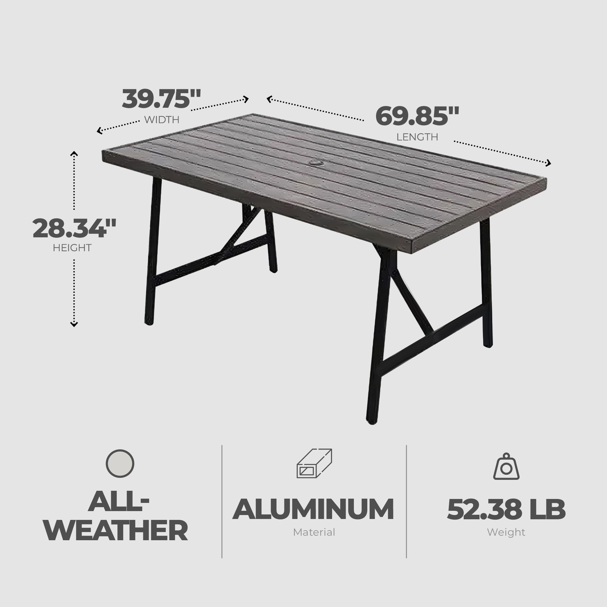 Norwalk 40 x 70 Inch Rectangular Outdoor Dining Table - All-Weather Aluminum Slat Top - Durable Patio Furniture for Backyard, Deck & Garden - Taupe Grey (Perfect for Outdoor Entertaining & Dining)