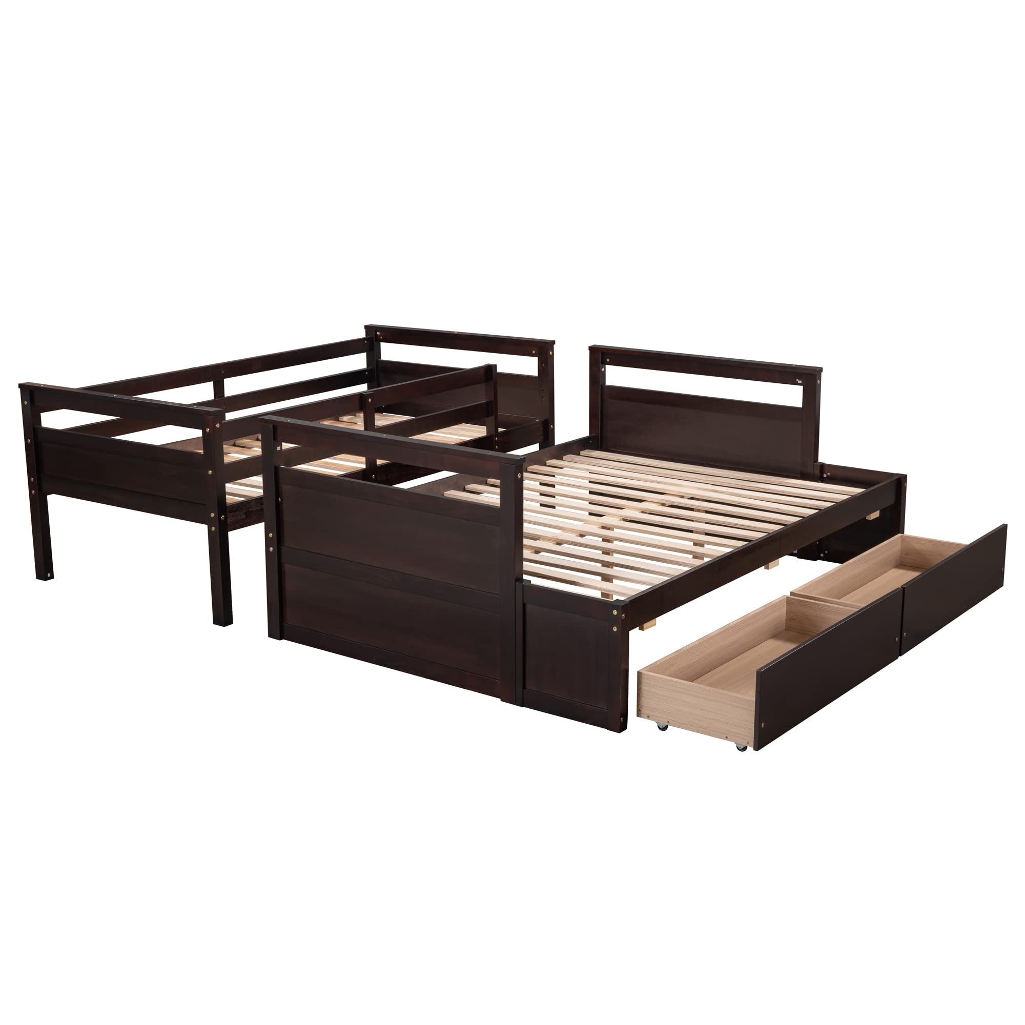Twin Over Full Bunk Bed with Storage - Solid Wood Frame, Safety Rail - Convertible to 2 Beds for Kids & Adults - Espresso Finish for Bedroom
