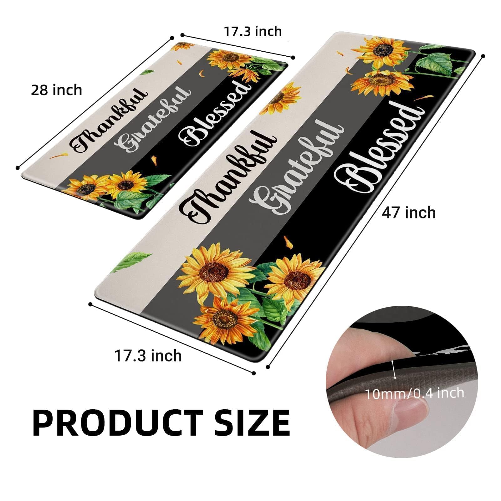 Sunflower Kitchen Rugs Set of 2 - Non-Slip Cushioned Anti-Fatigue Memory Foam Mats for Home & Office - Waterproof Farmhouse Decor (17.3x28 + 17.3x47 Inch) - Perfect for Sink, Stove & High-Traffic Areas