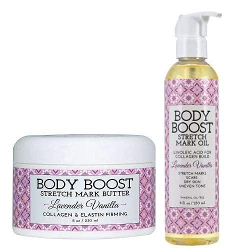 Body Boost Lavender Stretch Mark Butter & Oil Duo Set - Natural Moisturizing Cream for Pregnancy, Postpartum & Dry Skin Care - Perfect for Stretch Mark Prevention & Skin Hydration