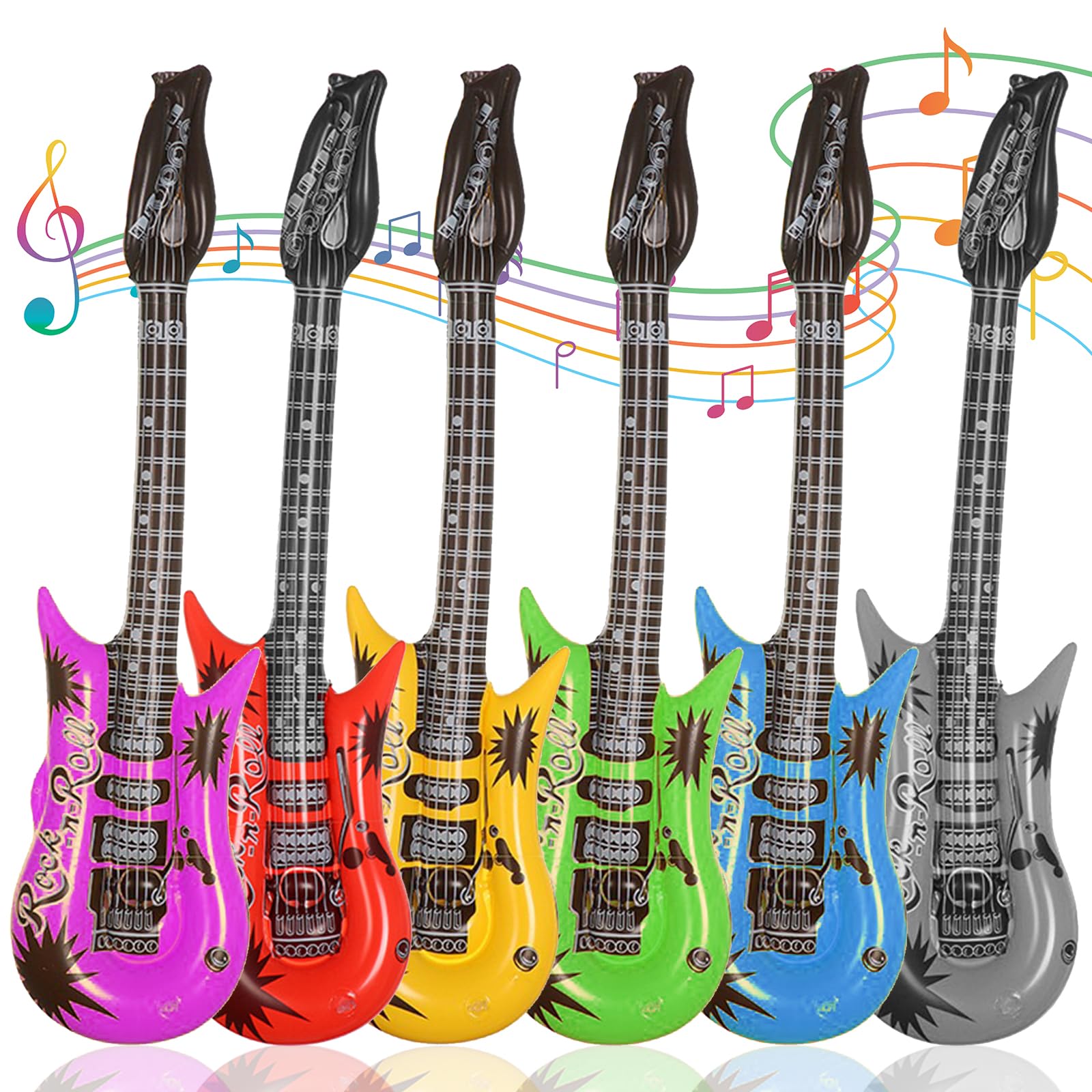 6-Pack Inflatable Guitar Balloons for Toddlers - Waterproof, Multi-Color Party Decorations | Novelty Rock Star Toy Guitars for Kids | Perfect for Birthday Parties, Concerts & Rock-Themed Events (J1)
