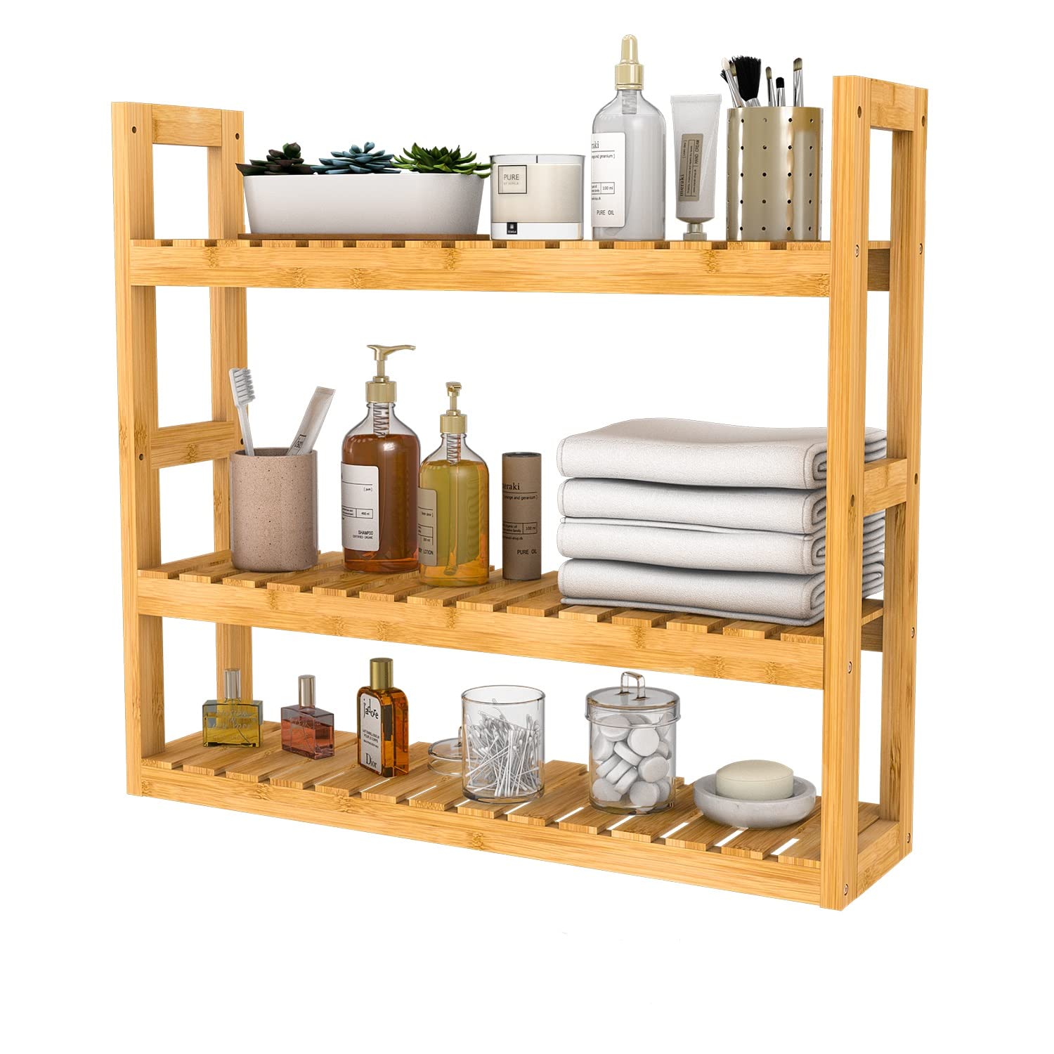 Domax 3-Tier Bamboo Bathroom Shelf - Wall Mounted Storage Rack for Bathroom, Kitchen & Living Room - Adjustable Over Toilet Shelves for Towels, Toiletries & Decor - Space Saving Organizer for Small Spaces (Natural Bamboo)