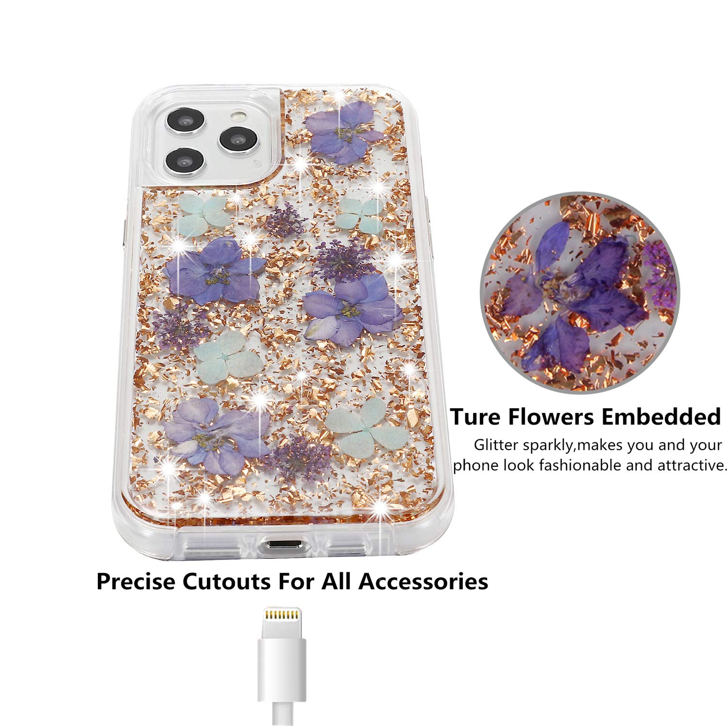 Luxury iPhone 12 Pro Max Case for Women - Sparkling Glitter Floral Design with Clear TPU Bumper | Protective Hard Back Cover for iPhone 12 Pro Max 6.7