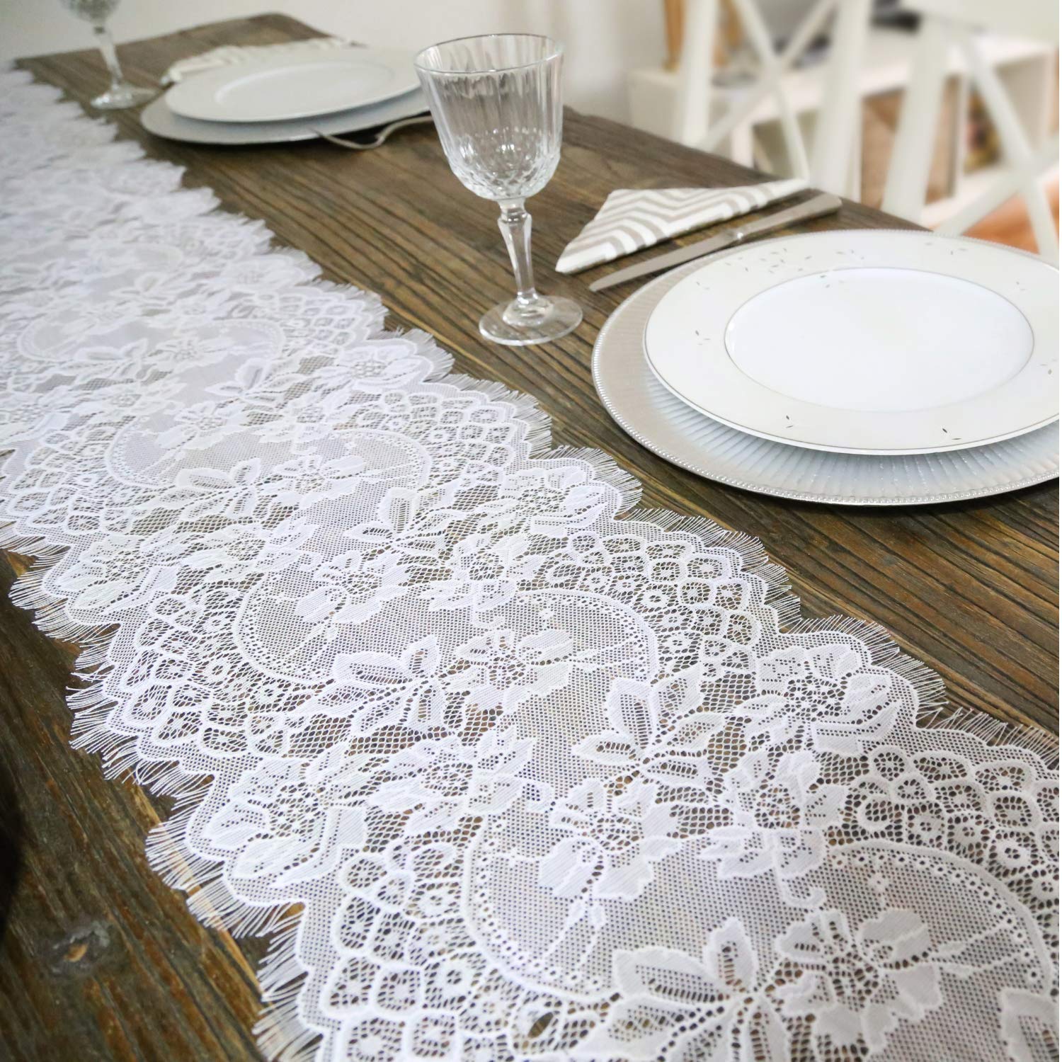 Embroidered White Lace Table Runner 12x120 Inches - Durable Floral Fringe Tablecloth for Wedding, Baby Shower & Home Decor - Perfect for Dining Tables, Buffets, and Special Events (1 Piece)