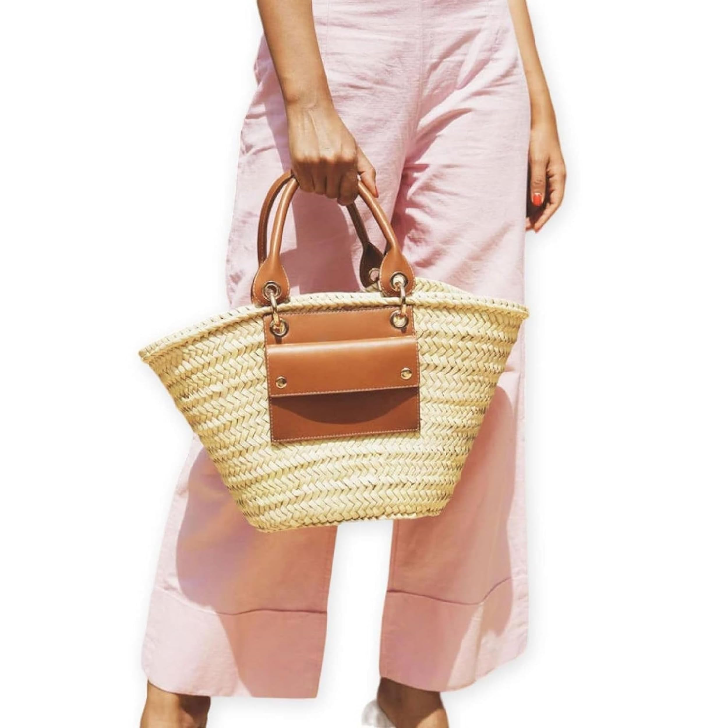Luxury Straw Beach Bag with Leather Handles - French Basket, Moroccan Market Tote, Summer Woven Bag for Women | Perfect for Beach Trips, Shopping & Picnics