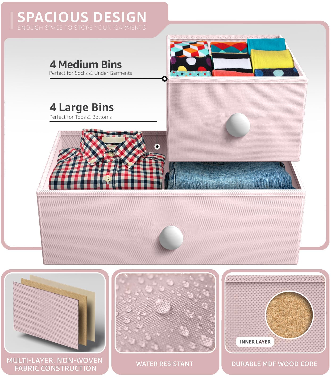 Sorbus 8-Drawer Fabric Dresser for Kids - Pastel Pink Storage Tower with Steel Frame & Knob Handles | Kids Bedroom, Nursery, Playroom & Closet Organizer for Clothes, Toys & Accessories