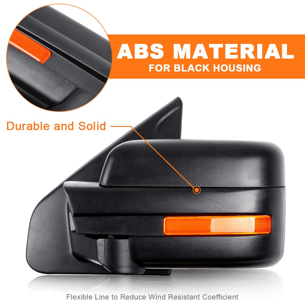 ROADFAR Power Heated Towing Mirrors for Ford F-150 (2004-2014) - Black Housing with Turn Signal & Puddle Light - Left & Right Side Compatible - Perfect for Truck Towing, Night Driving & Off-Road Adventures