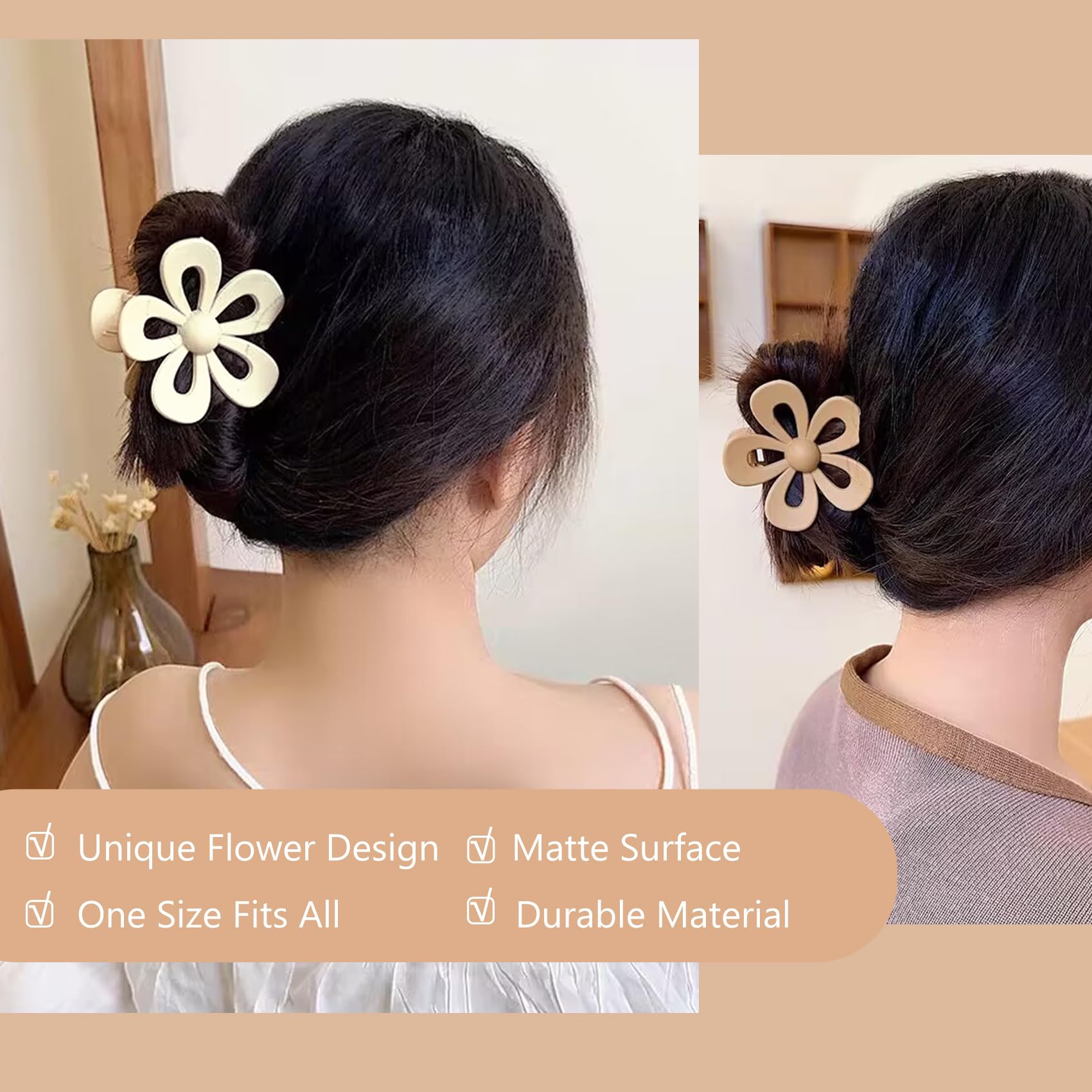 8PCS Matte Hair Clips for Women and Girls - Non-Slip Flower Claws for Thick Hair, Large Khaki Daisy Hairpins with Strong Hold | Perfect for School, Work, Parties and Everyday Hairstyles