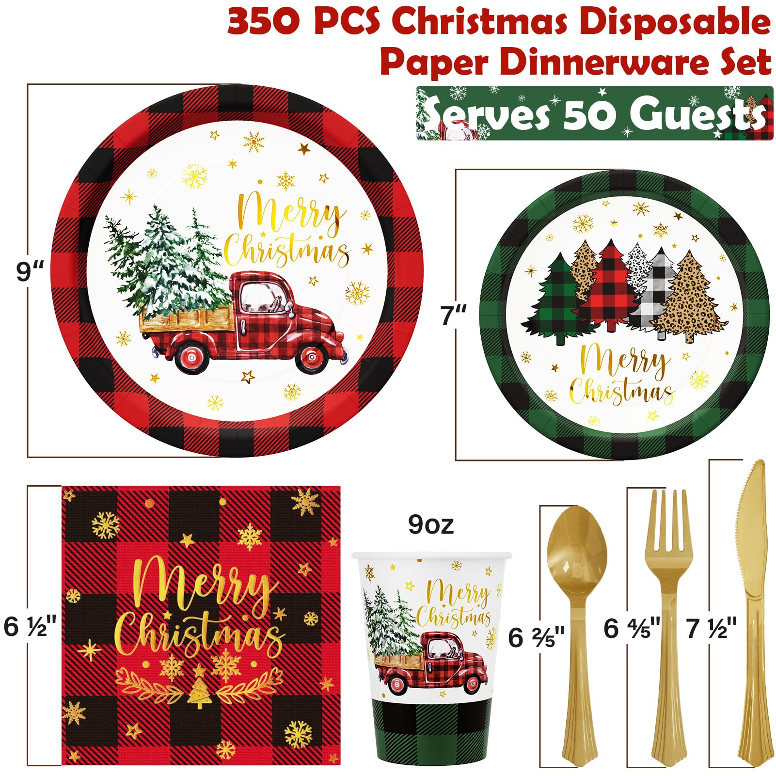 350-Piece Christmas Party Disposable Dinnerware Set - Buffalo Plaid Paper Plates, Napkins, Cups & Plastic Cutlery (Forks, Knives, Spoons) for 50 Guests | Holiday Tableware for Xmas Decorations, Birthday Parties & Festive Gatherings