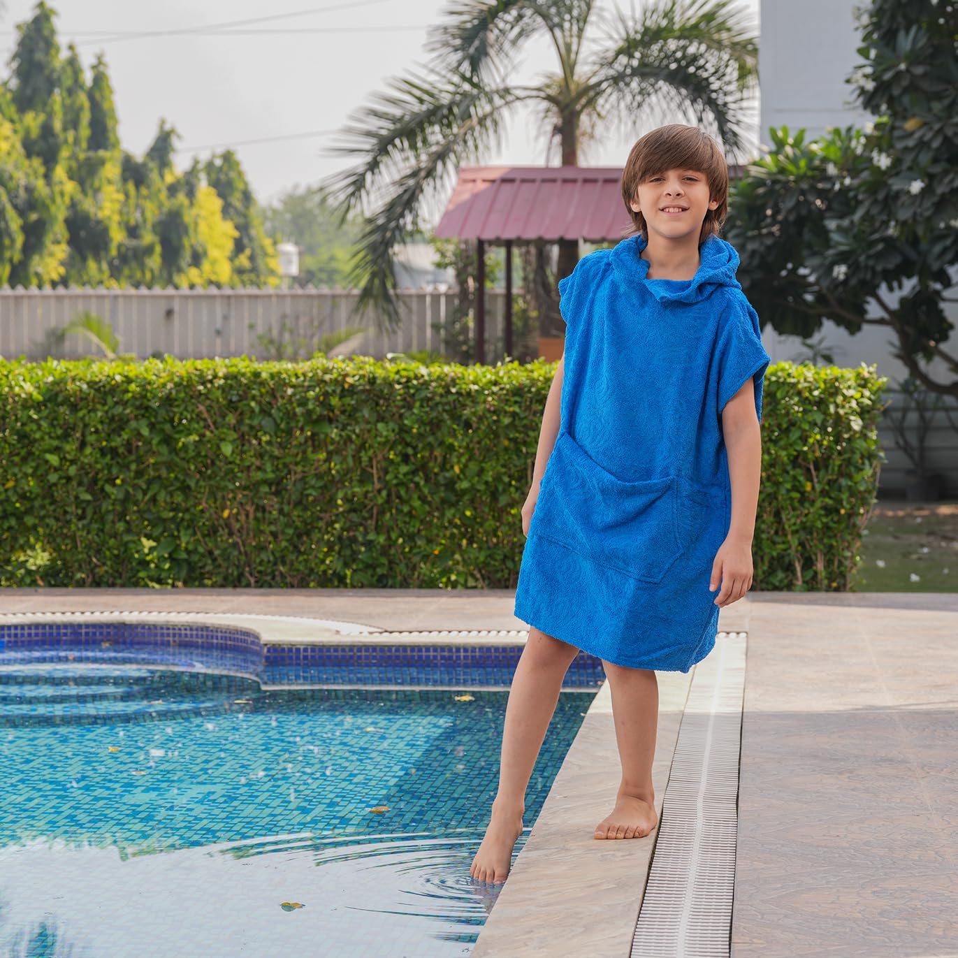 ALLEN & MATE Kids Swim Changing Robe - Quick Dry 100% Terry Cotton Beach Poncho Towel with Hood & Pocket for Boys & Girls - Perfect for Pool, Beach & Water Park Activities