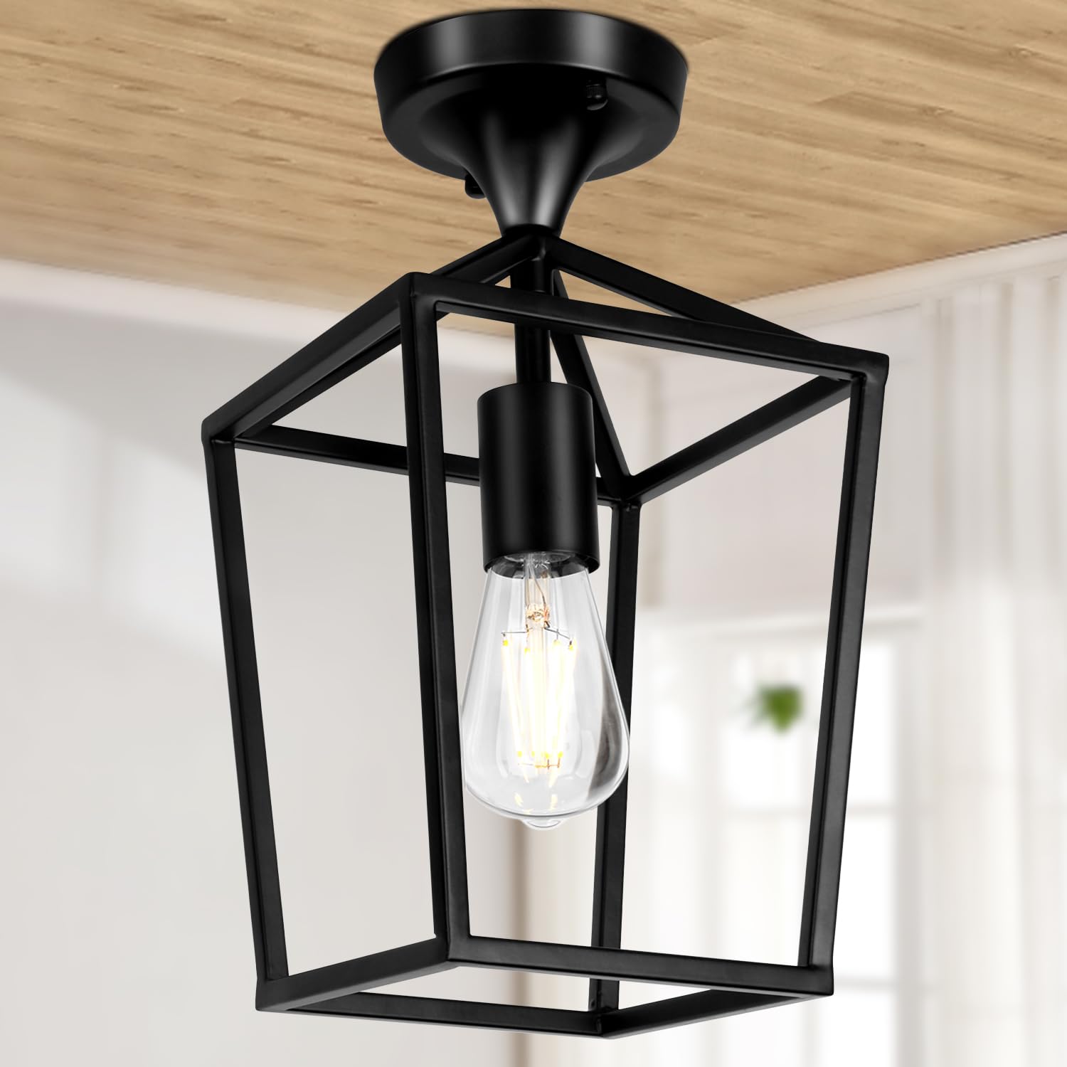 Upgraded Black Industrial Semi Flush Mount Ceiling Light - Farmhouse Style Lighting Fixture for Entryway, Porch, Hallway, Stairway, Garage, Living Room, Dining Room & Balcony | Durable & Stylish Home Decor Lighting Solution