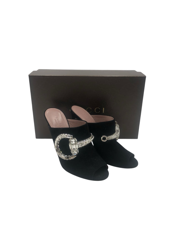 Gucci Maxime Crystal Icon Peep Toe Heeled Mule Sandals Women's Size 38.5 (US 8.5) - Luxury Evening Party & Wedding Shoes for Women