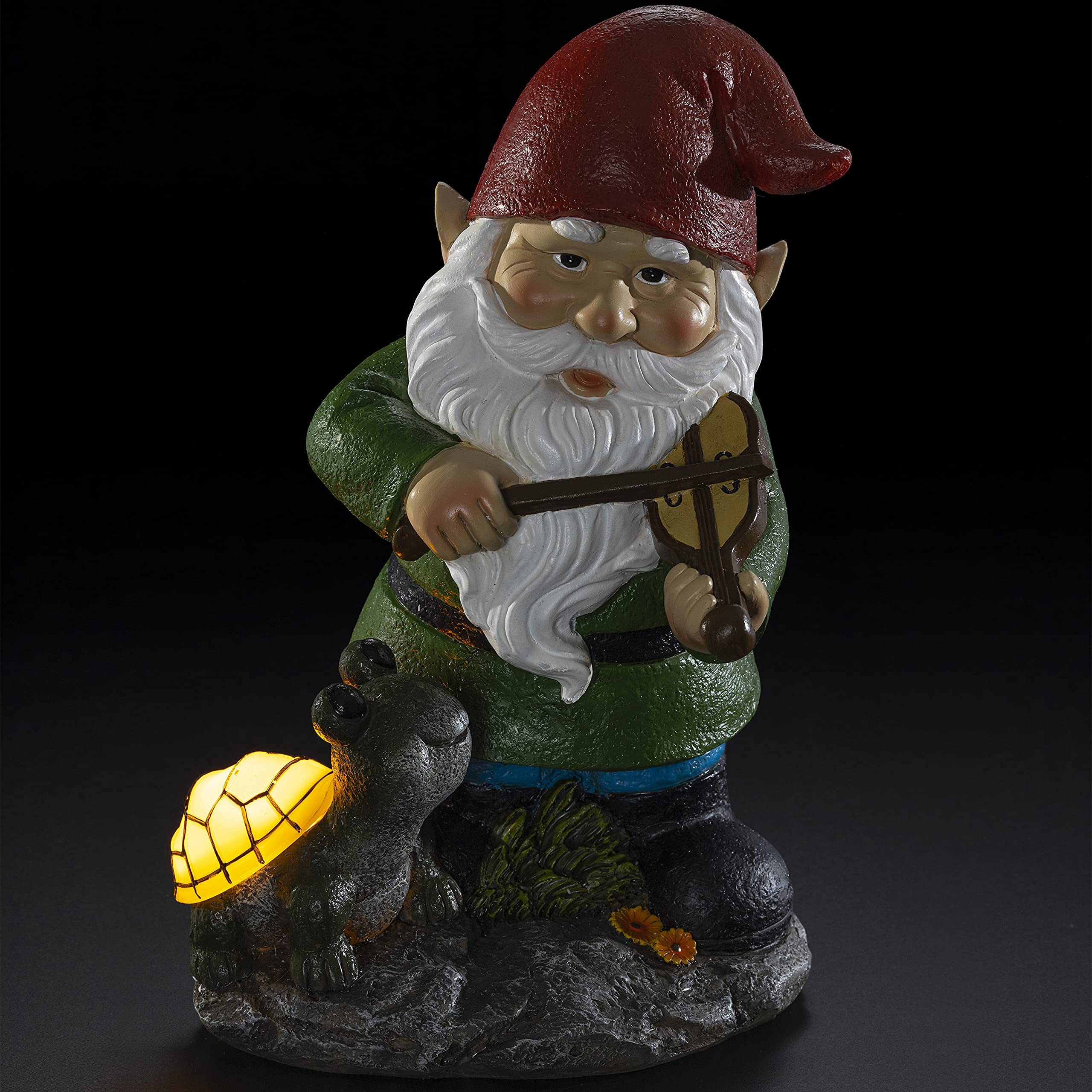 VP Home Solar Powered LED Fiddler Gnome with Glowing Turtle - Outdoor Garden Decor Light for Yard, Pathway & Patio - Weatherproof Gnome Statue Gift for Christmas, Birthday & Home Decoration