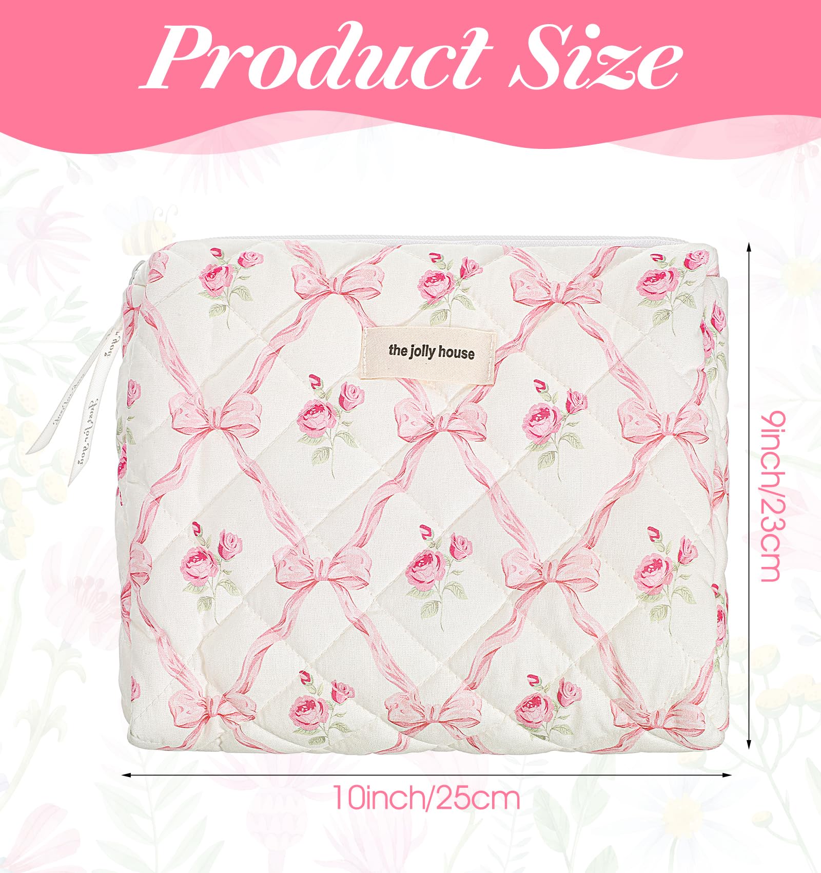 Floral Makeup Bag for Women - Large Quilted Cosmetic Pouch with Pink Bow Design, Travel Toiletry Organizer for Girls | Perfect for Travel, Gym & Everyday Essentials Storage