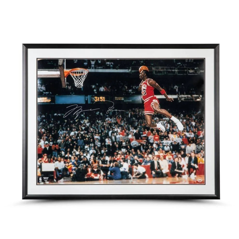 Michael Jordan Signed Slam Dunk 30x40 Framed Photo with UDA COA - Upper Deck Authenticated Autograph - Perfect for Sports Memorabilia Collectors & Basketball Fans Decor
