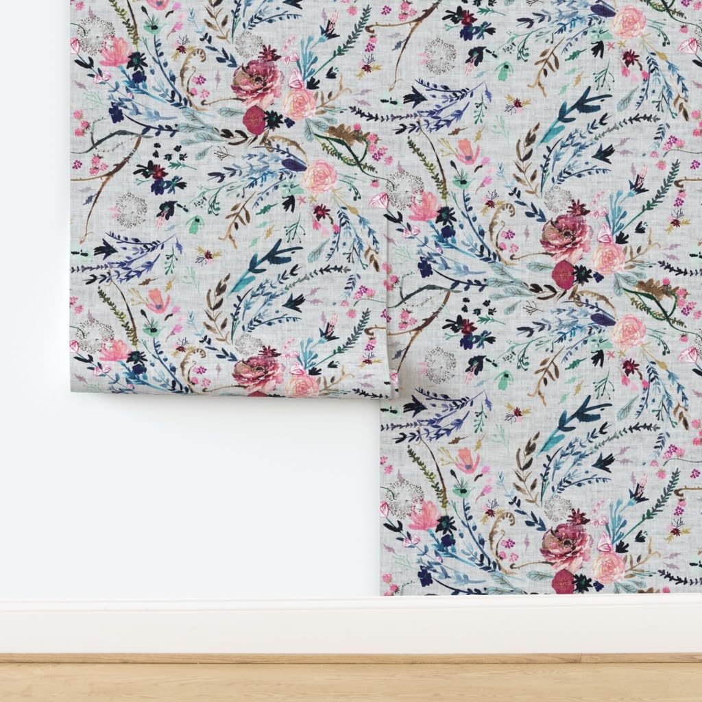 Commercial Grade Wallpaper Swatch - Fable Floral Grey Romantic Textured Meadow Wildflower Traditional Wallpaper by Spoonflower | Perfect for Bedroom, Living Room & Office Decor