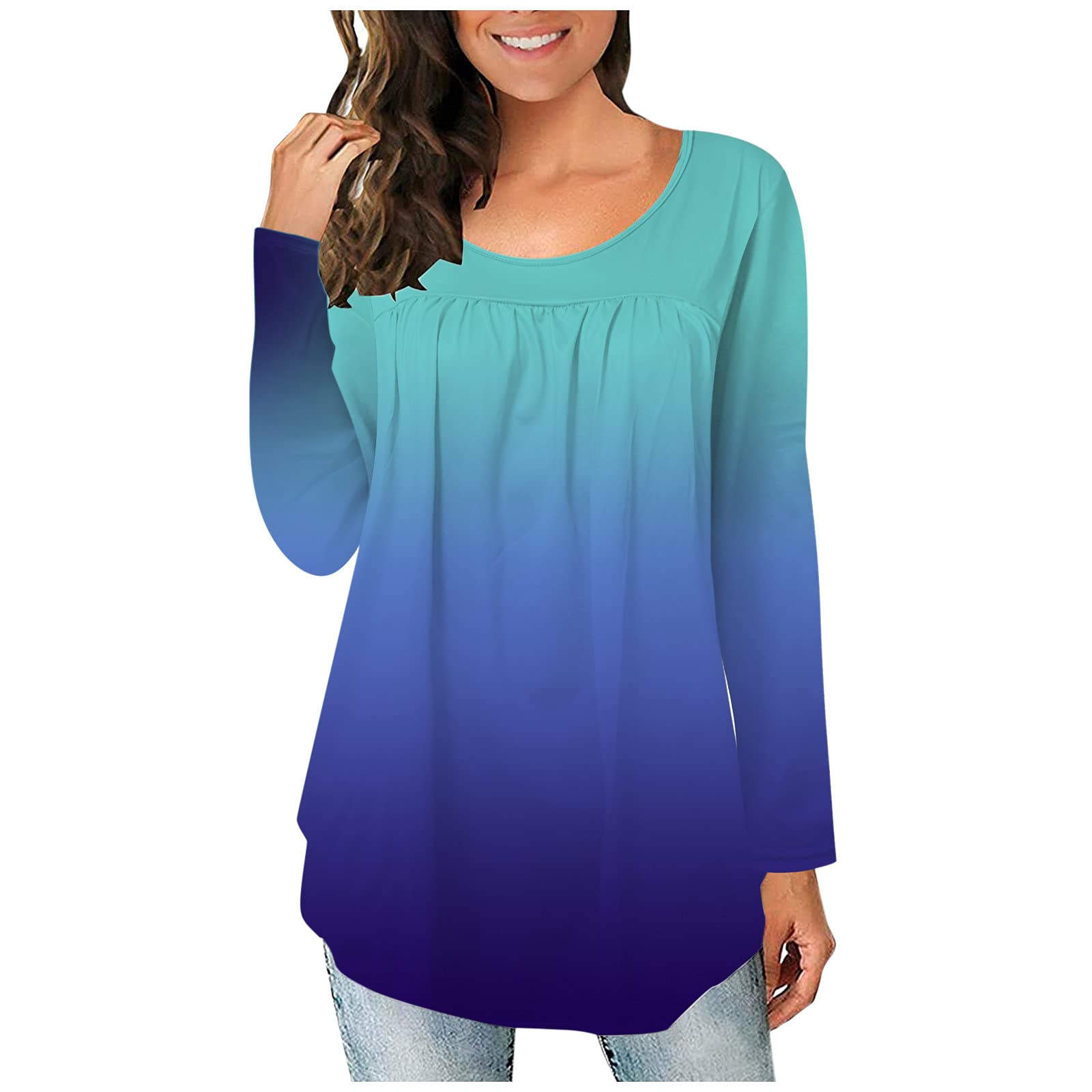 Women's Long Sleeve Blouse - Casual Round Neck Pleated Stitching Gradient Top | Soft & Comfortable for Work, Date Night & Everyday Wear