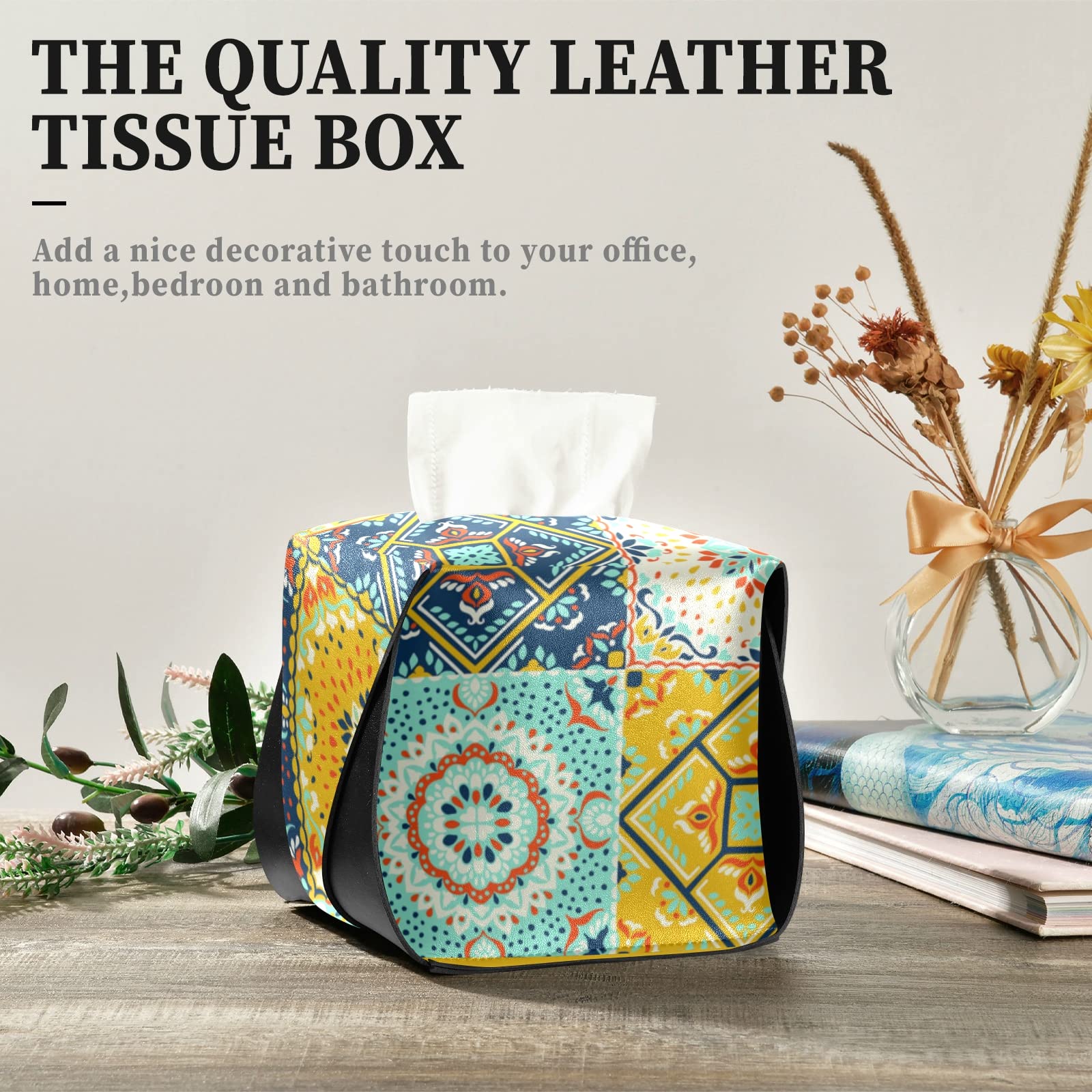 Handcrafted Talavera Indian Ceramic Mosaic Tile Leather Tissue Box Cover - 9.4x5.1x3.6 Inches - Ethnic Rectangle Design with Handle for Bathroom, Home, Office & Car | Perfect for Nightstands, Vanity Countertops & Desks