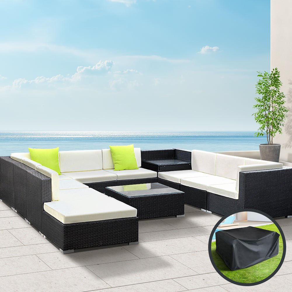 11-Piece Wicker Outdoor Lounge Set with Waterproof Storage Cover - Beige Patio Furniture for Garden, Poolside, and Backyard Relaxation