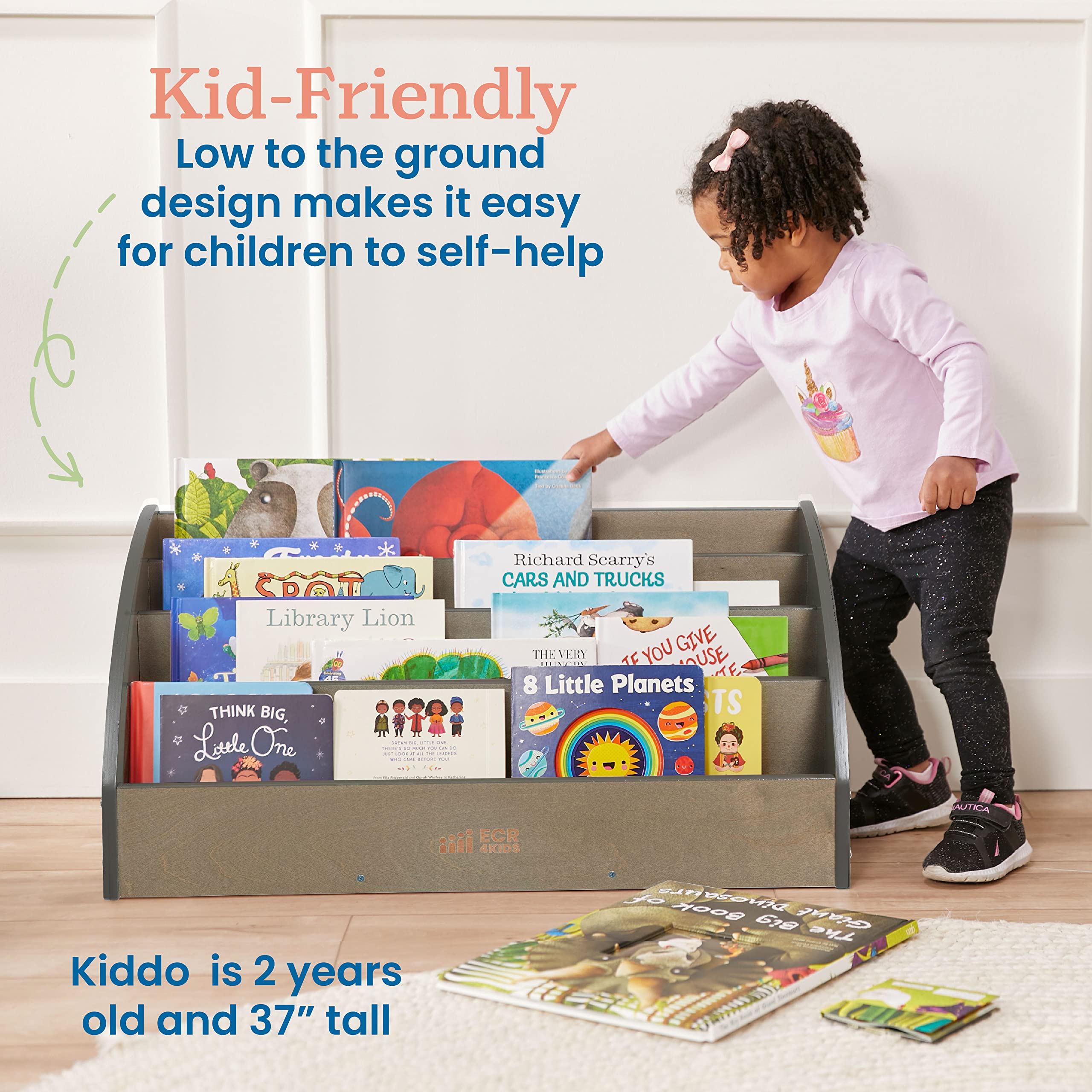 ECR4Kids Toddler Book Display Shelf - Grey Wash Wooden Bookshelf for Kids Room, Classroom & Playroom - Perfect for Organizing Children's Books & Toys