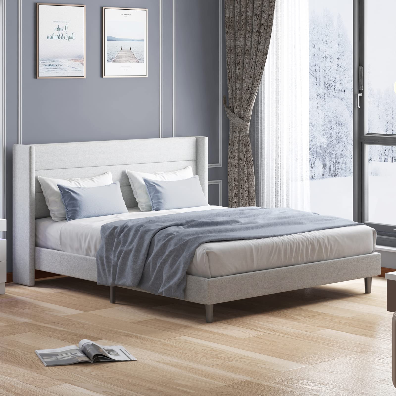 BALUS Queen Size Upholstered Platform Bed Frame with Wingback Headboard - Solid Wood Slat Support, No Box Spring Needed, Under Bed Storage Space - Easy Assembly (Mattress Not Included) - Perfect for Modern Bedrooms, Guest Rooms & Small Spaces