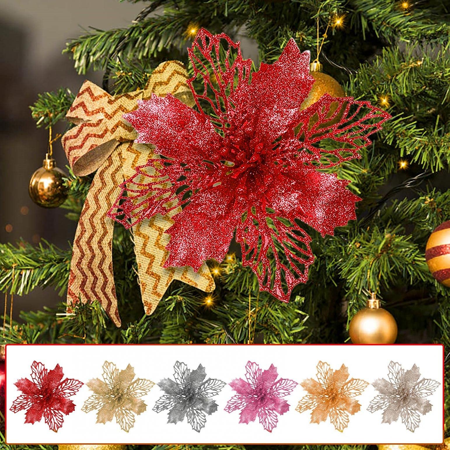 6 Pcs Christmas Artificial Poinsettia Flower Wreath Decorations - Glitter Xmas Tree Ornaments, DIY Garland Flowers for Holiday Home Party, Wedding & Crafts - Perfect for Door, Wall, Mantel & Table Decor