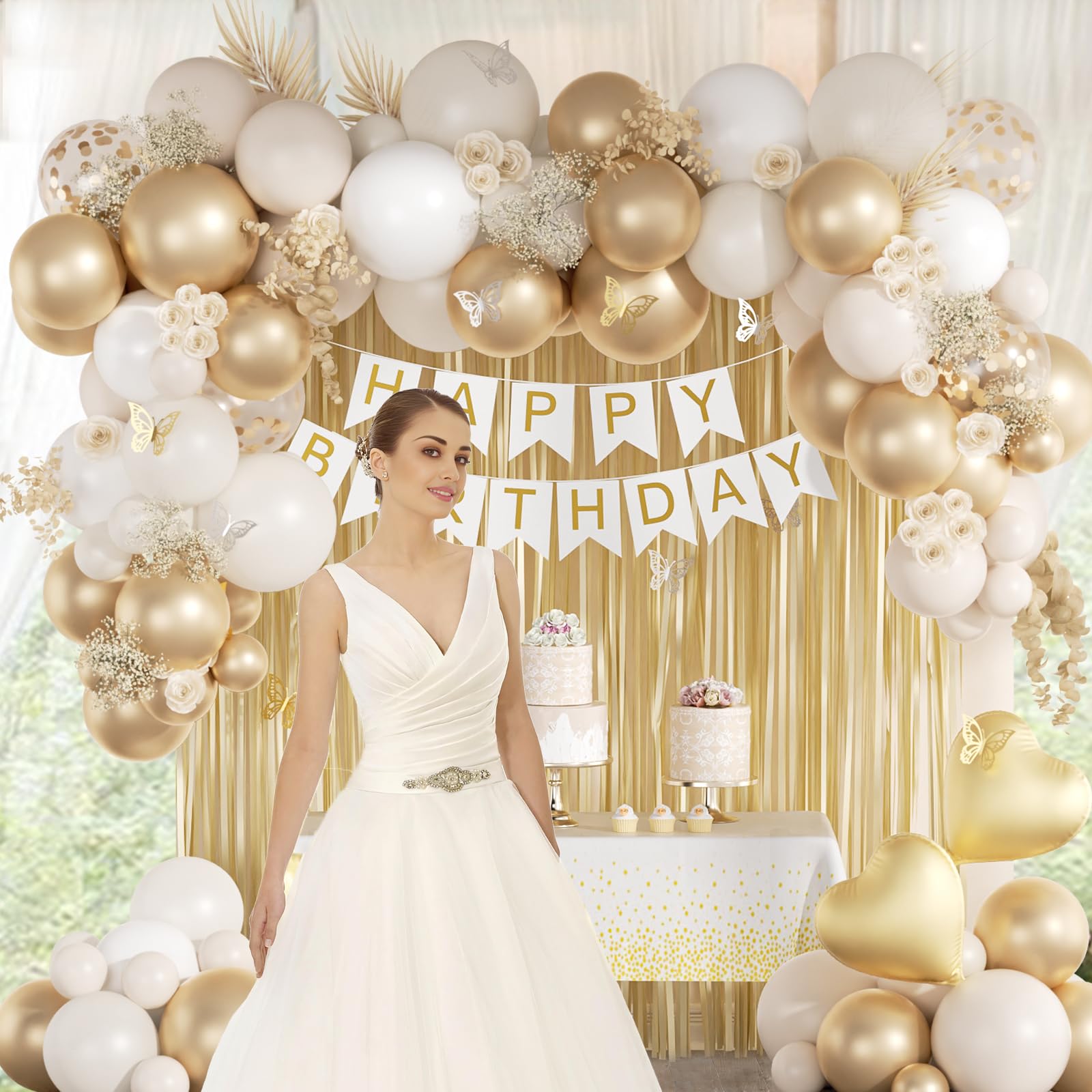 White & Gold Happy Birthday Party Decorations Set - Banner, Fringe Curtain, Tablecloth, Butterfly & Foil Balloons - Elegant Adult Women's Birthday Party Supplies | Perfect for Home, Office & Surprise Party Decor