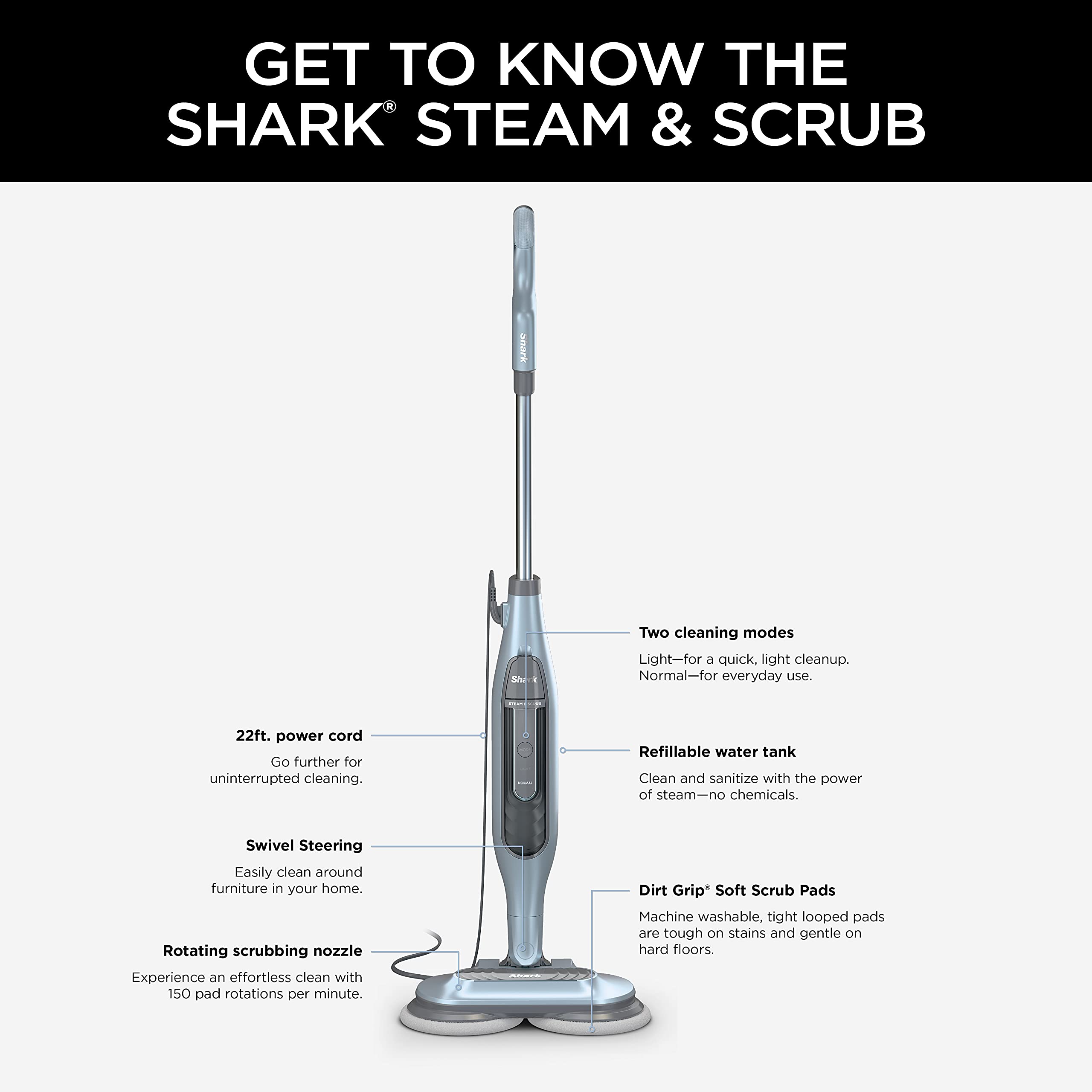 Shark S7000AMZ Steam Mop - All-in-One Steam & Scrub for Hard Floors | 6 Washable Pads & 2 Steam Modes | Sanitizes & Deep Cleans | Perfect for Kitchen, Bathroom & Tile Floors