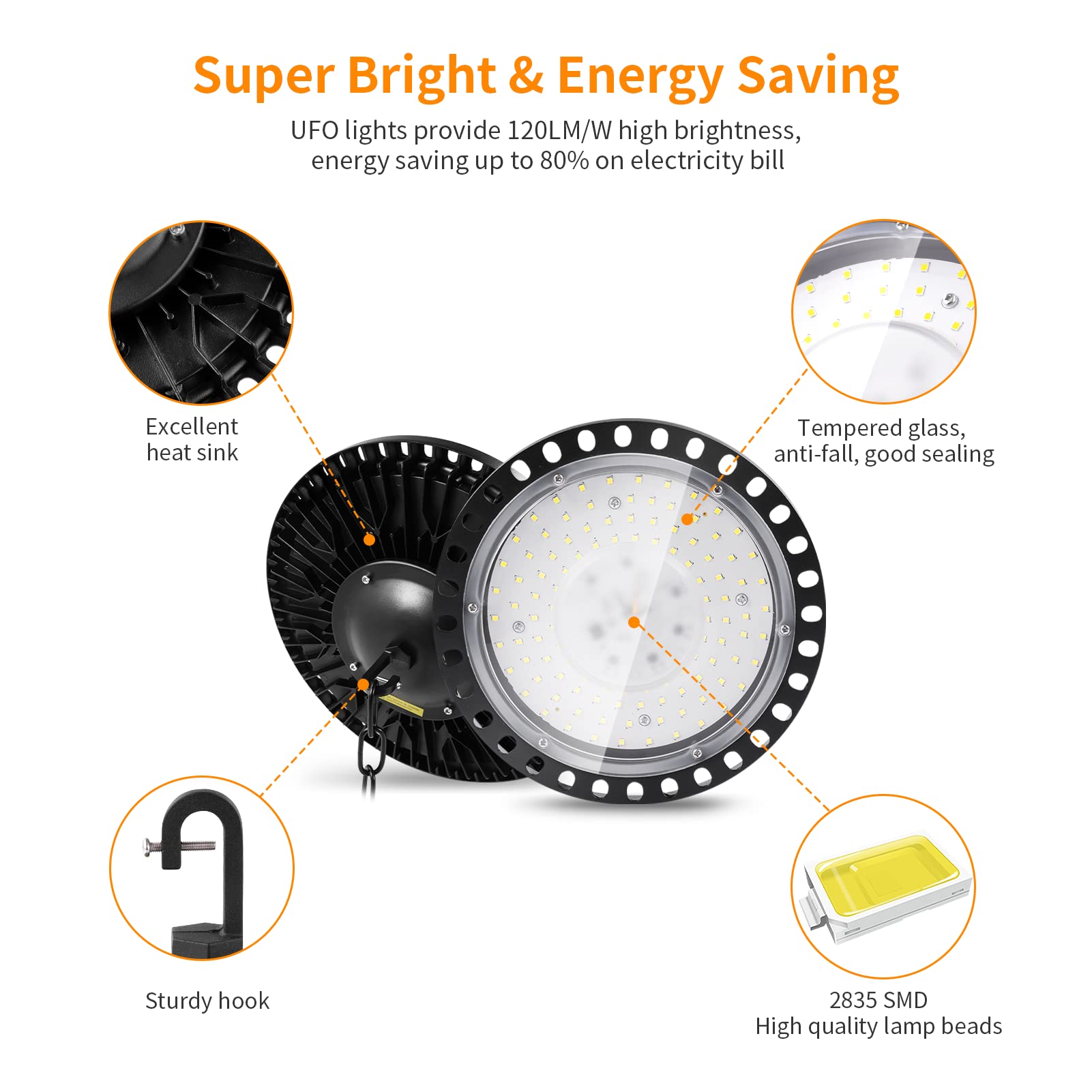 4-Pack 100W 110V UFO High Bay LED Lights - 10,000LM 5000K Daylight, IP66 Waterproof Commercial Lighting for Warehouse, Shop, Garage & Industrial Spaces | Energy-Efficient LED Bay Fixture with No Plug