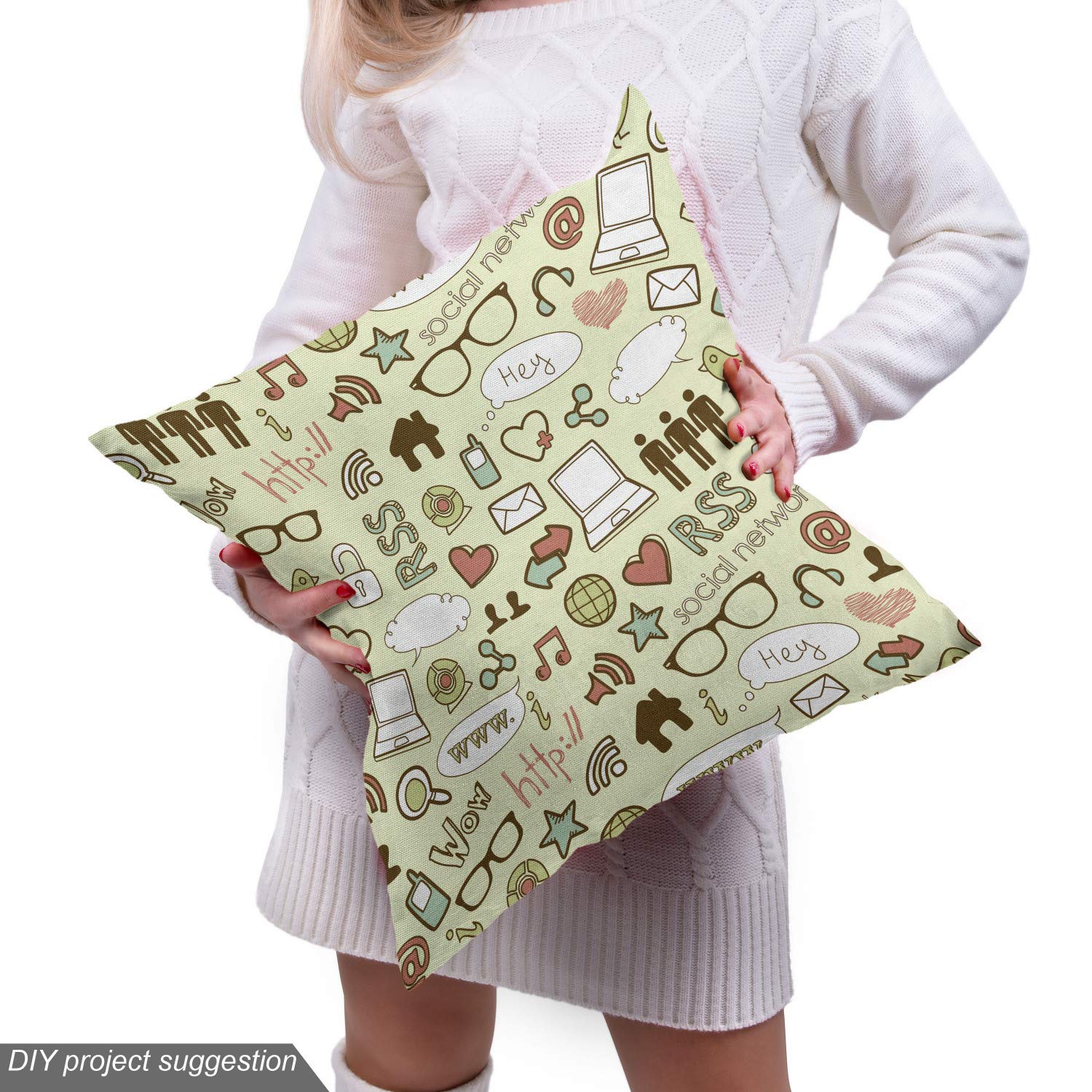 Ambesonne Geek Fabric by The Yard - IT Themed Computer Laptop Glasses & Social Network Print - 10 Yards Pale Green Upholstery Fabric for DIY Home Decor, Curtains, Pillows & Craft Projects