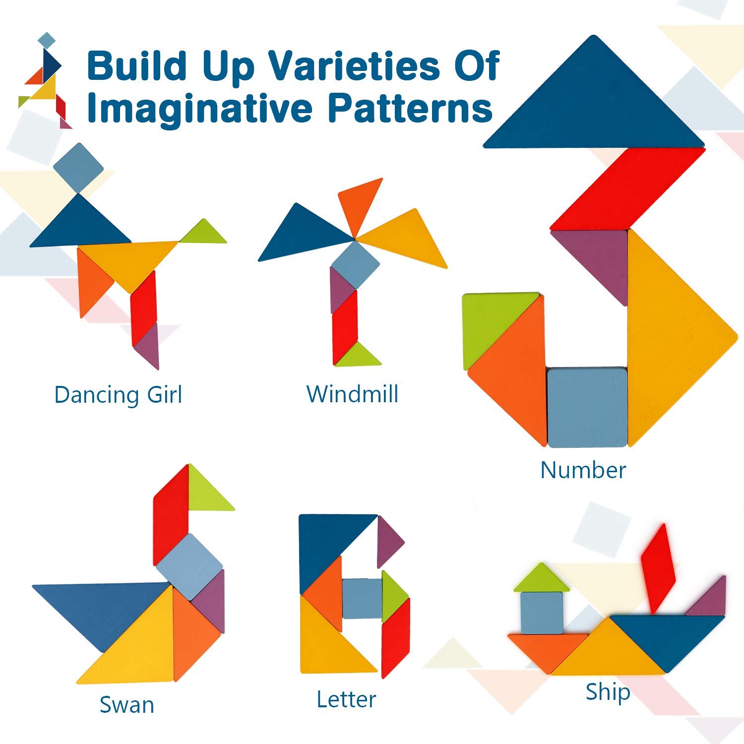 Vanmor Wooden Tangram Puzzle Set - 36 Pattern Blocks & 60 Shape Cards - Brain Teaser Educational Toys for Kids Ages 4-8 - Perfect for Classroom Learning, Travel Games & Road Trip Activities