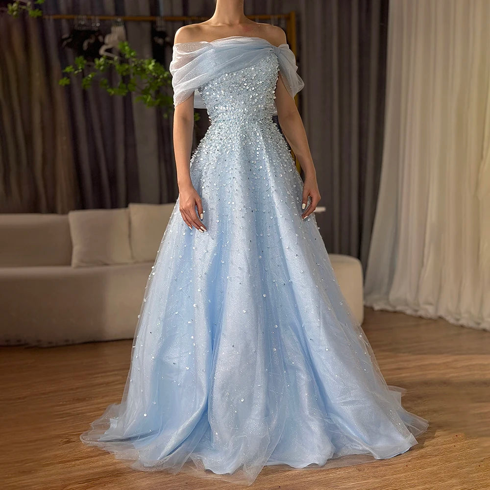 Elegant Blue Beaded Off-Shoulder A-Line Long Evening Gown for Women - Dubai Arabic Inspired Formal Dress LA72009A - Perfect for Weddings, Galas & Special Occasions