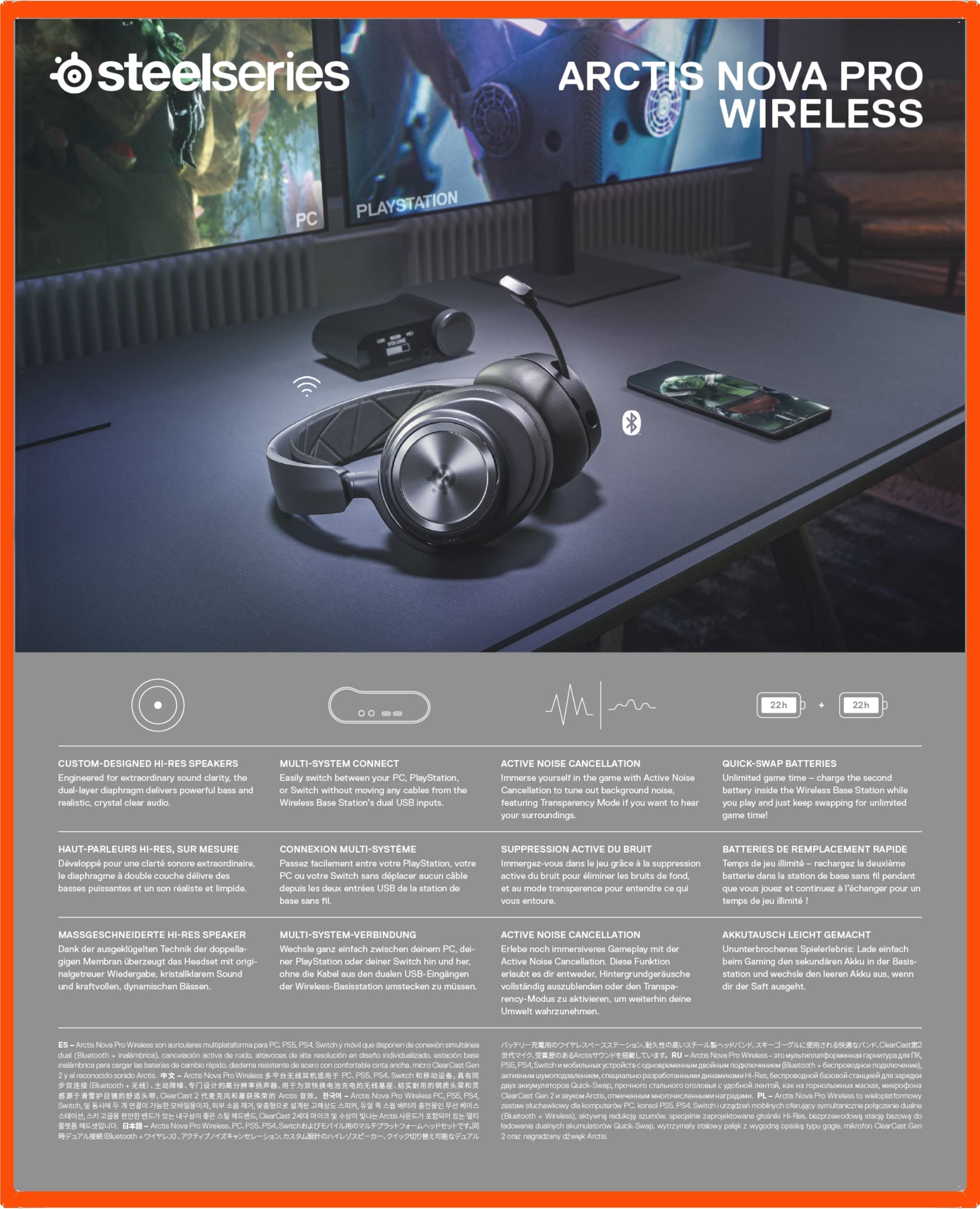 SteelSeries Arctis Nova Pro Wireless Gaming Headset with Hi-Fi Sound & Active Noise Cancellation - Multi-Platform Compatible (PC, PS5, PS4, Nintendo Switch, Mobile) - Infinity Power System & Retractable Mic for Pro Gamers - Perfect for Competitive Gaming, Streaming, and Home Entertainment