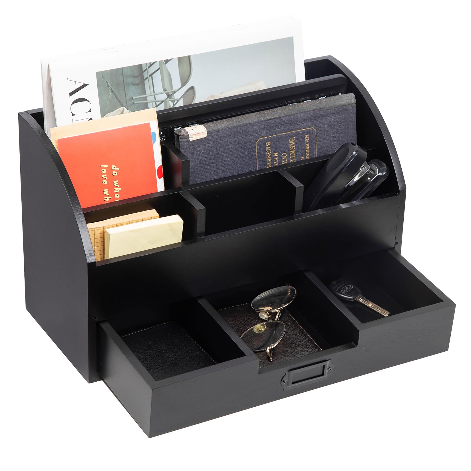 Rustic Wooden Office Desk Organizer with 5 Compartments & 2 Drawers - Desktop Mail Rack for Pens, Notebooks, Folders, Pencils & Office Supplies (Black) - Perfect for Home Office, Study Desk & Workspace Organization