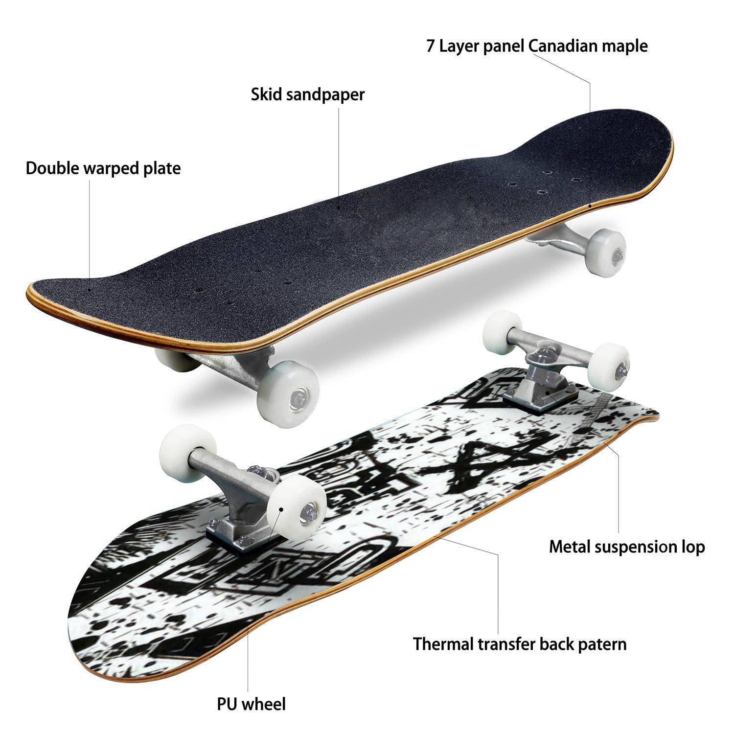Abstract Black & White Punk Skull & Guitar Skateboard Deck - Classic Concave Design for Longboard & Street Skating | Perfect for Beginners, Pros & Extreme Sports Enthusiasts | Cool Teen Gifts for Skate Parks, Urban Commuting & Freestyle Tricks