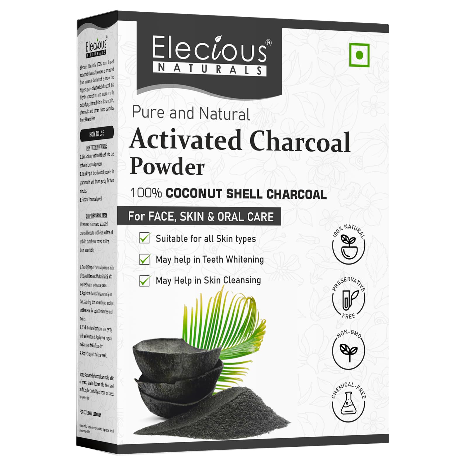 Elecious Naturals 100% Natural Activated Charcoal Powder (200g) - Coconut Charcoal for Face & Skin Care | Detoxify, Remove Dead Skin & Impurities | Perfect for DIY Masks, Teeth Whitening & Deep Cleansing