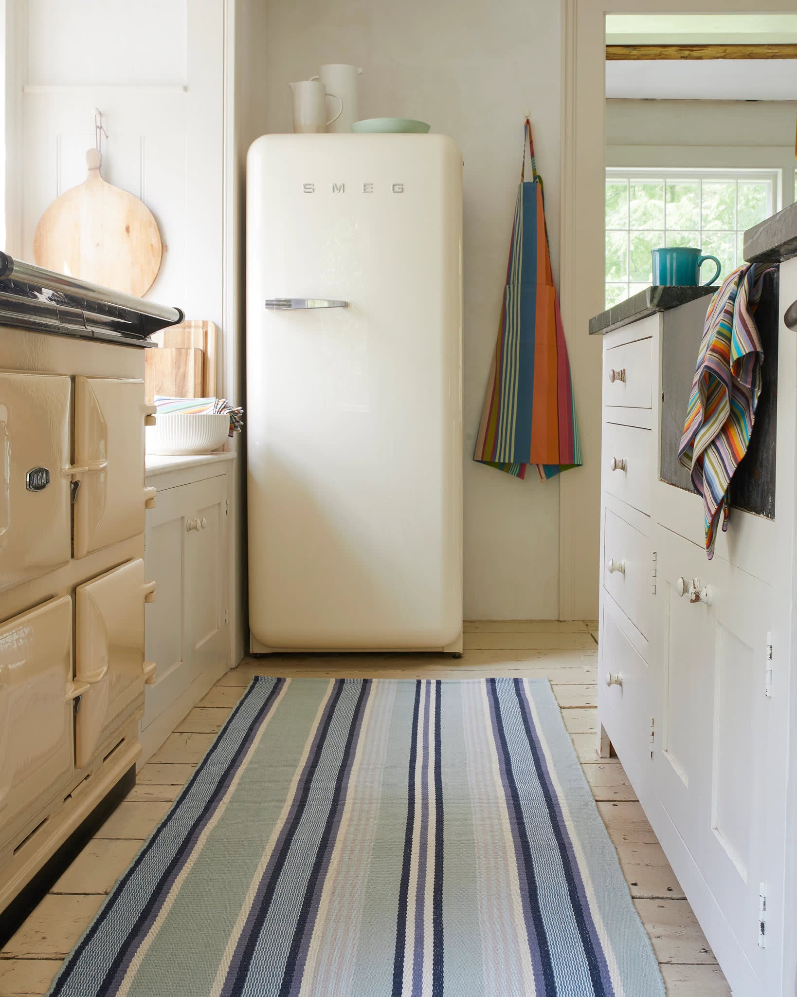 Handwoven Cotton Striped Rug from Barbados - Blue & White Coastal Beach Decor for Living Room, Bedroom, or Patio
