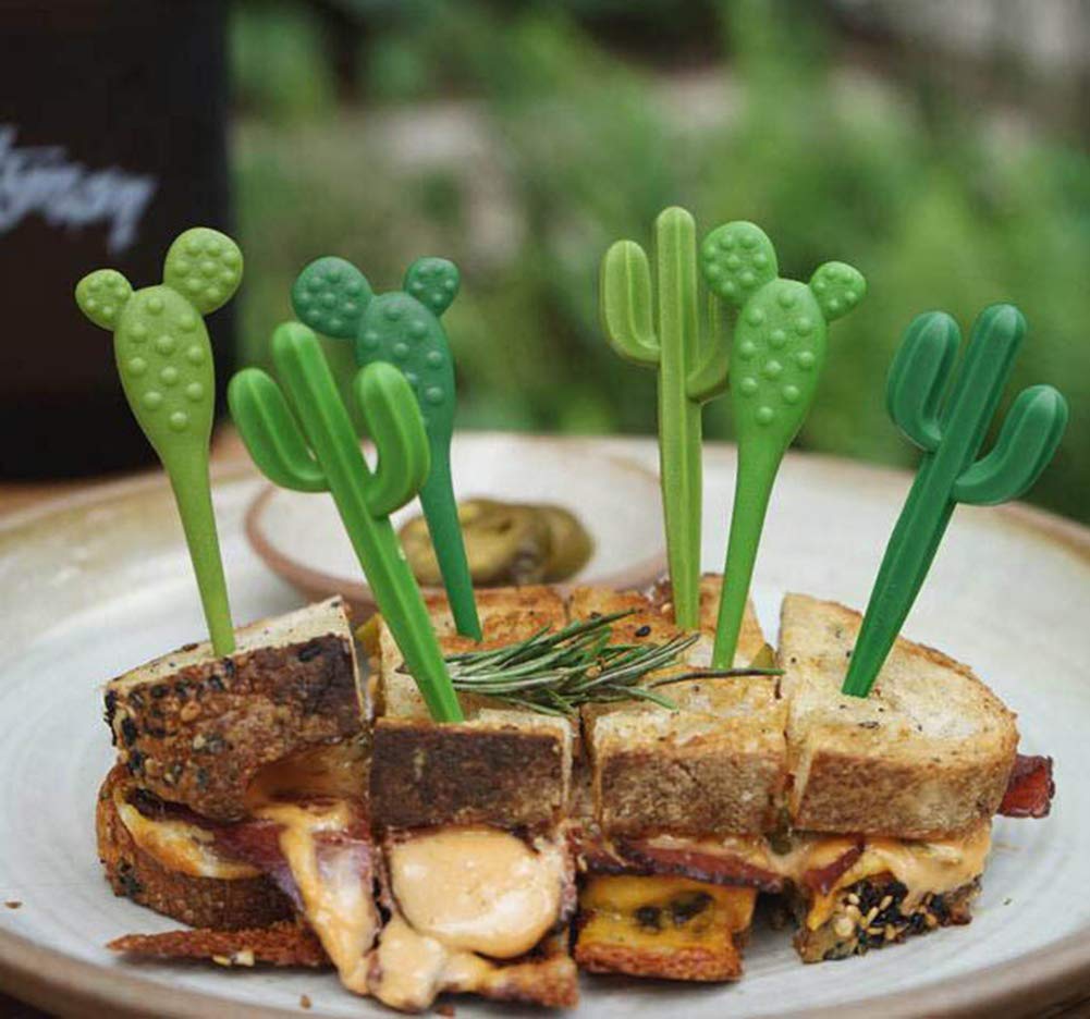 AKOAK 6-Piece Green Cactus Fruit Fork Set - Cute Kids Toothpick Cutlery for Desserts & Snacks - Eco-Friendly Children's Tableware for Parties, Picnics & Home Use